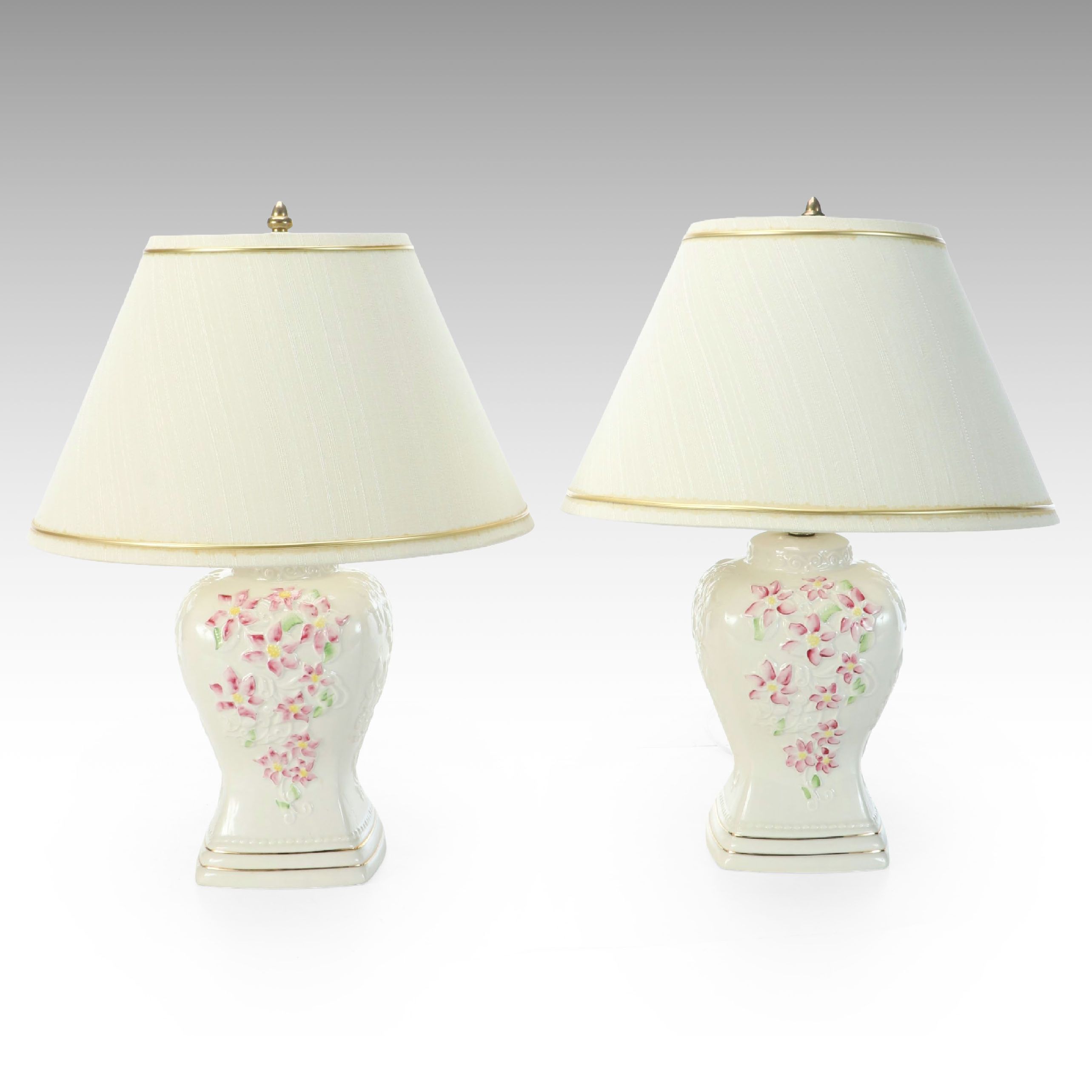 Belleek Floral Porcelain Table Lamp Pair