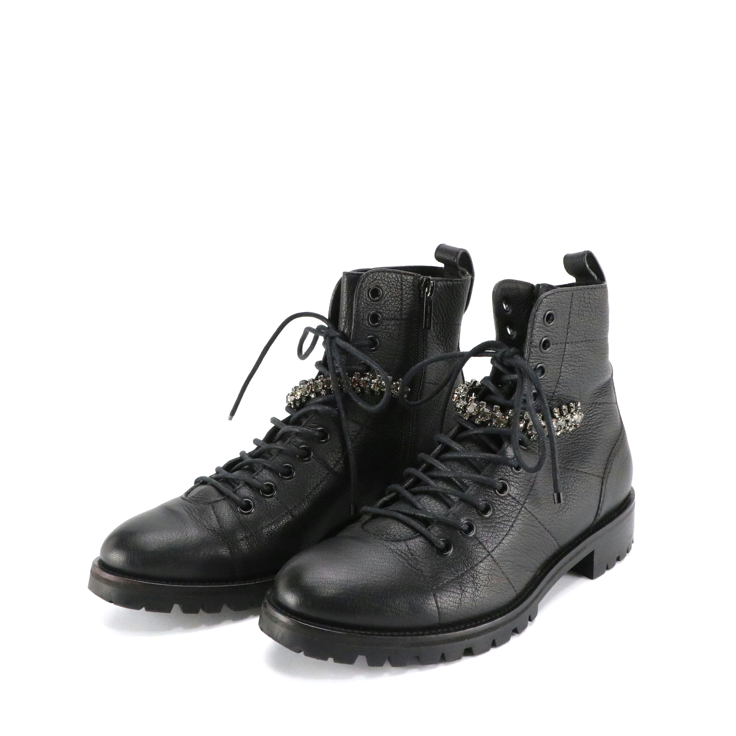 Jimmy Choo Cruz Crystal Strap Combat Boots in Leather with Box