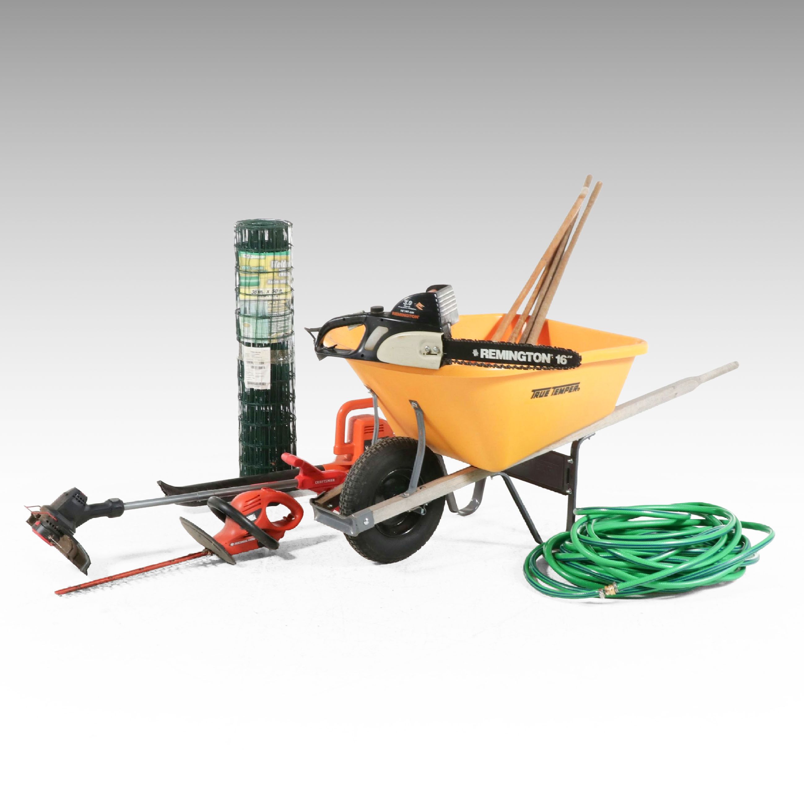 True Temper Wheelbarrow with Rakes, Trimmer and More