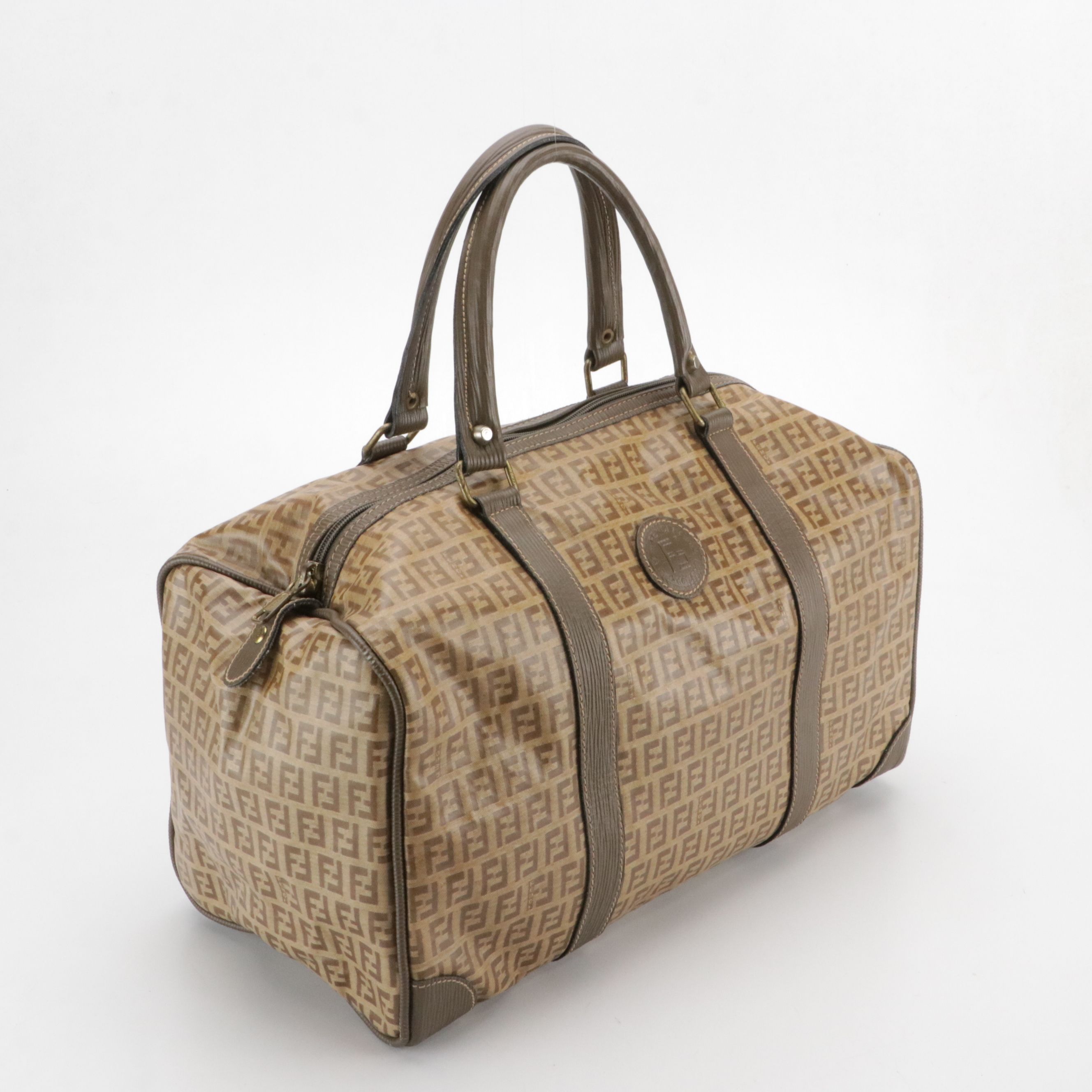 Fendi Small Duffle Bag in Brown Zucchino Vinyl and Textured Leather Trim