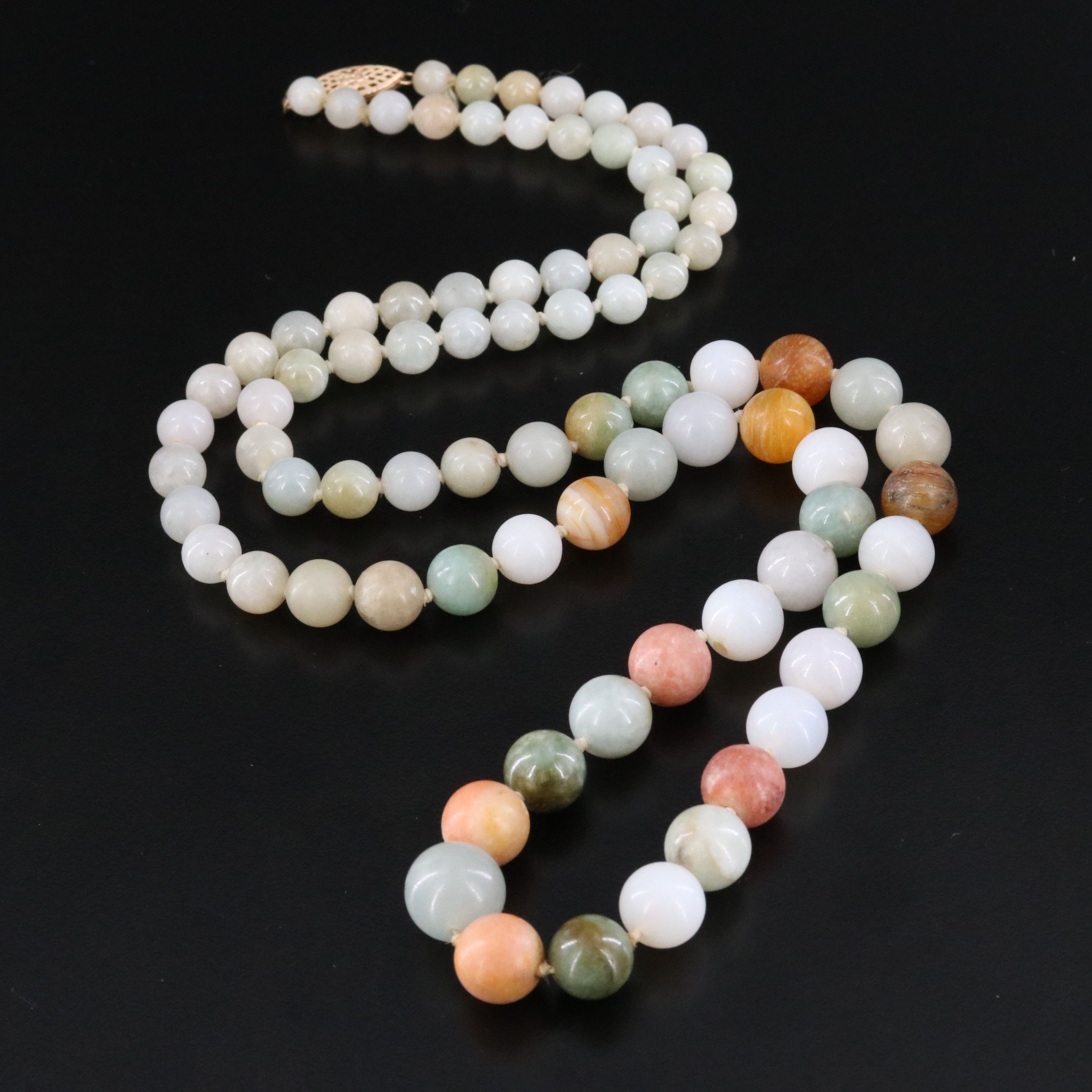 14K Jadeite, Agate, and Jasper Graduated Bead Necklace