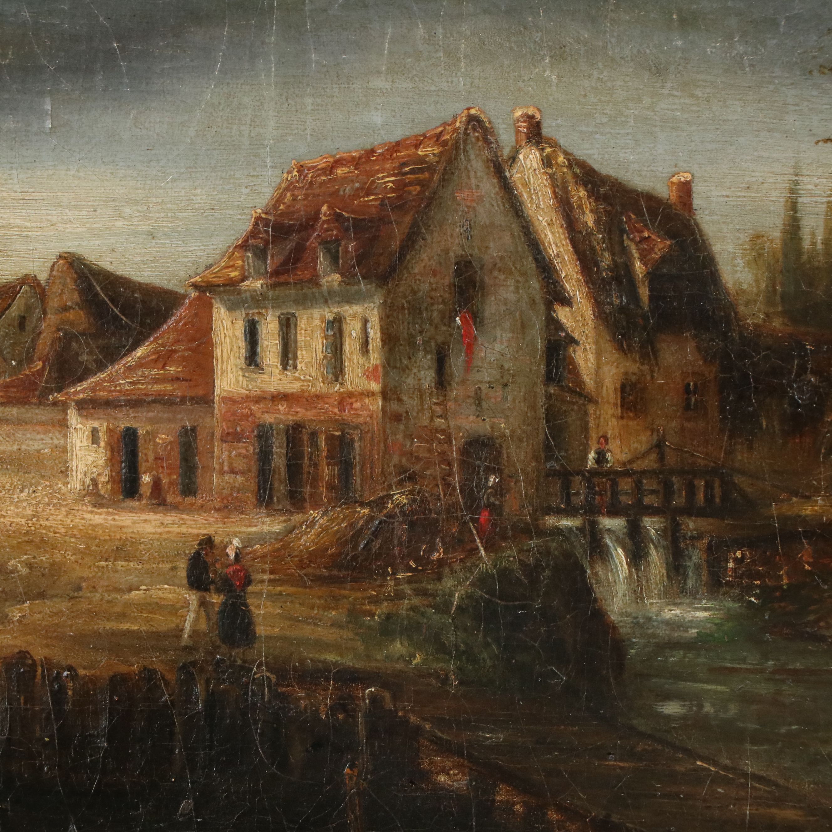 French School Oil Painting of Rural Landscape with Cottage, 19th Century
