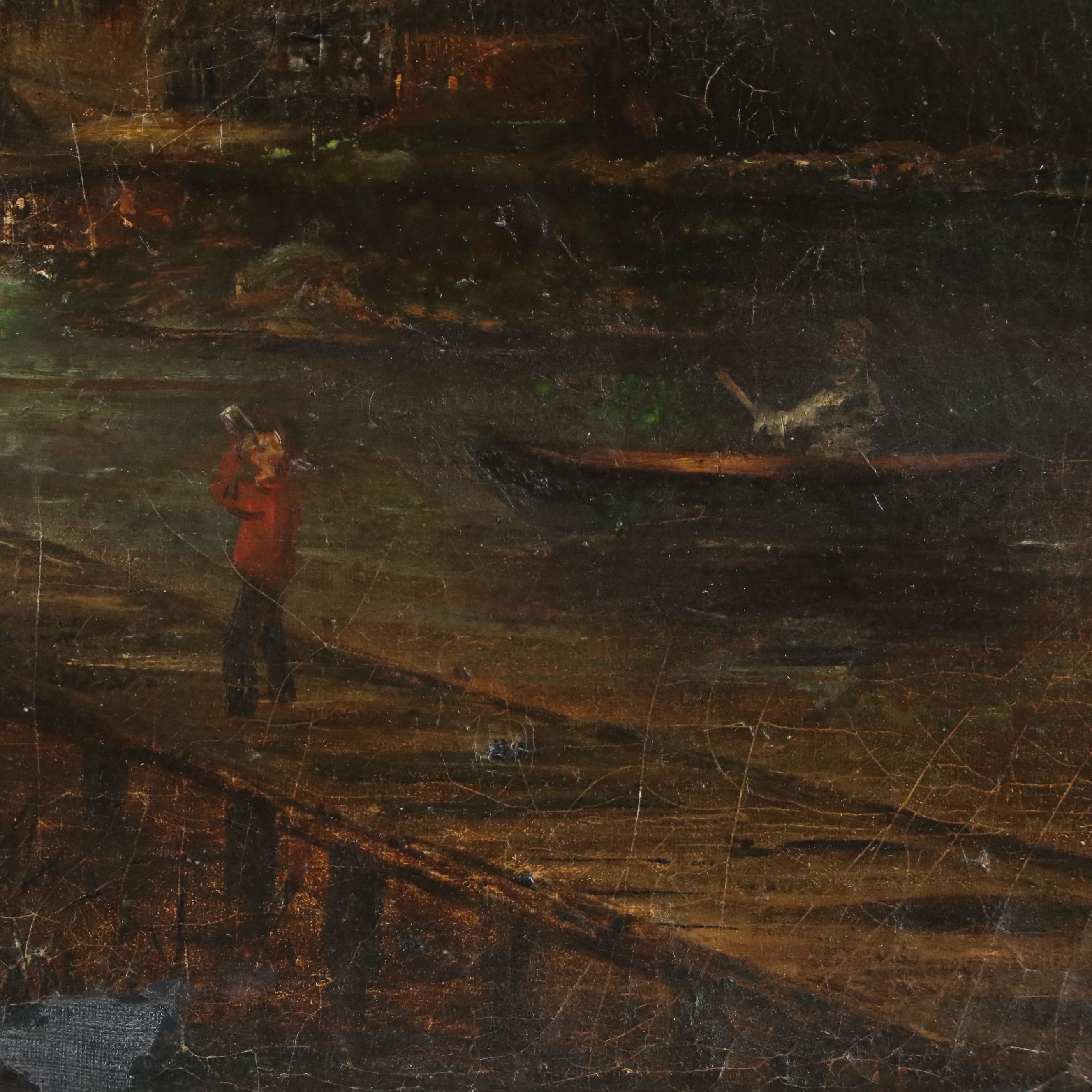 French School Oil Painting of Rural Landscape with Cottage, 19th Century