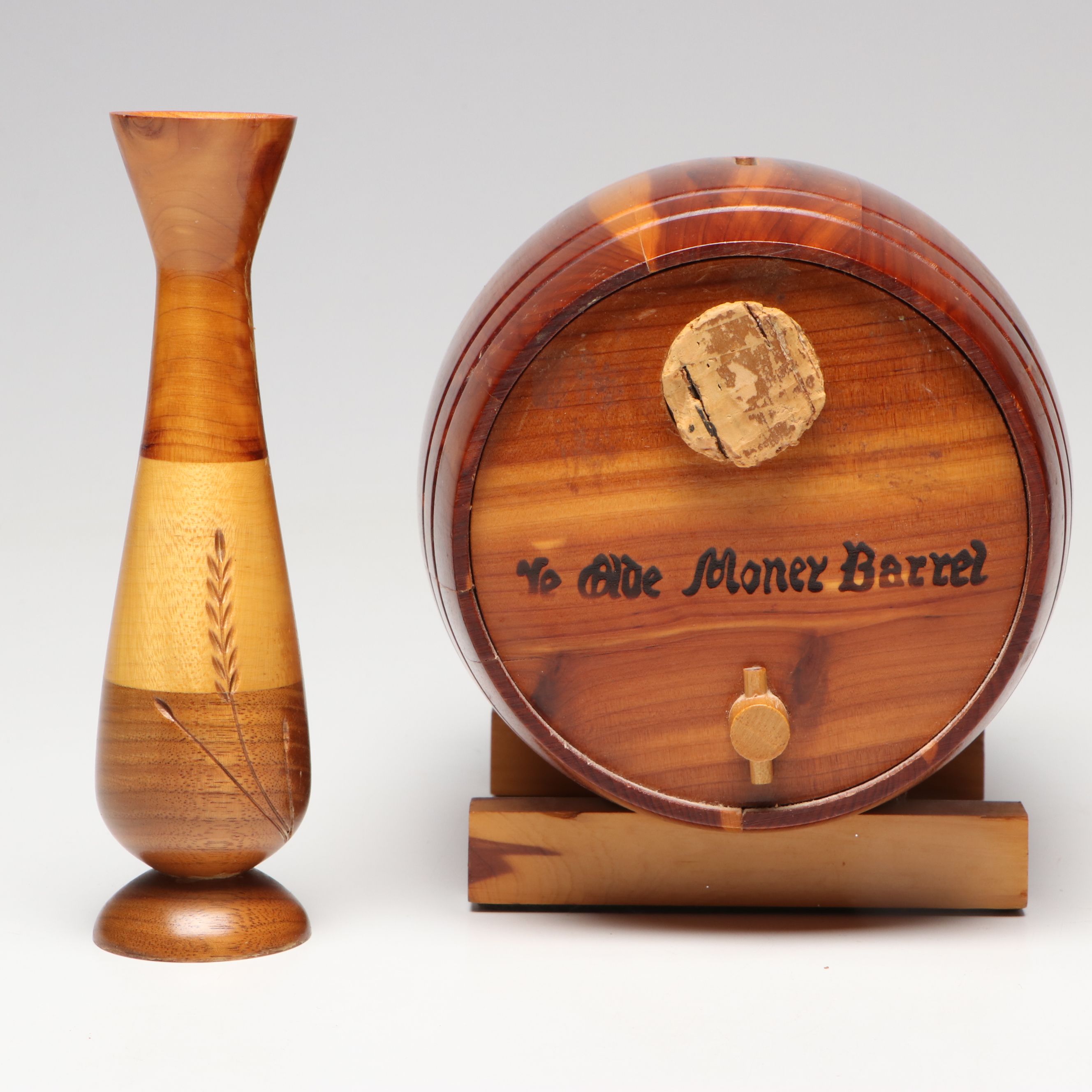 Turned Wood Vases with Enameled Box and Keg Bank