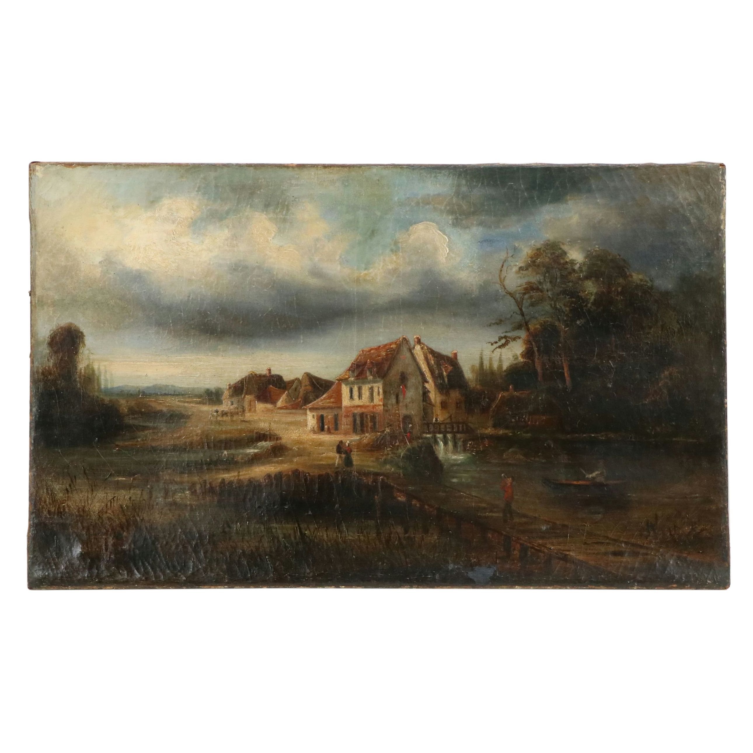 French School Oil Painting of Rural Landscape with Cottage, 19th Century