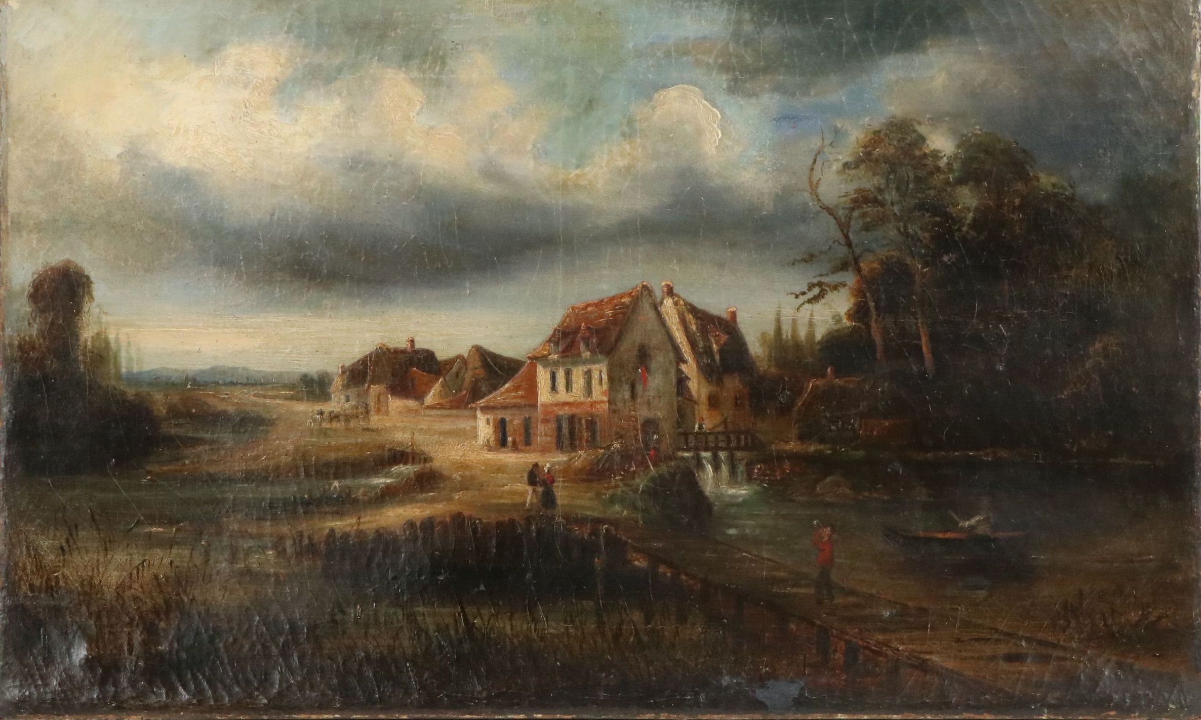 French School Oil Painting of Rural Landscape with Cottage, 19th Century