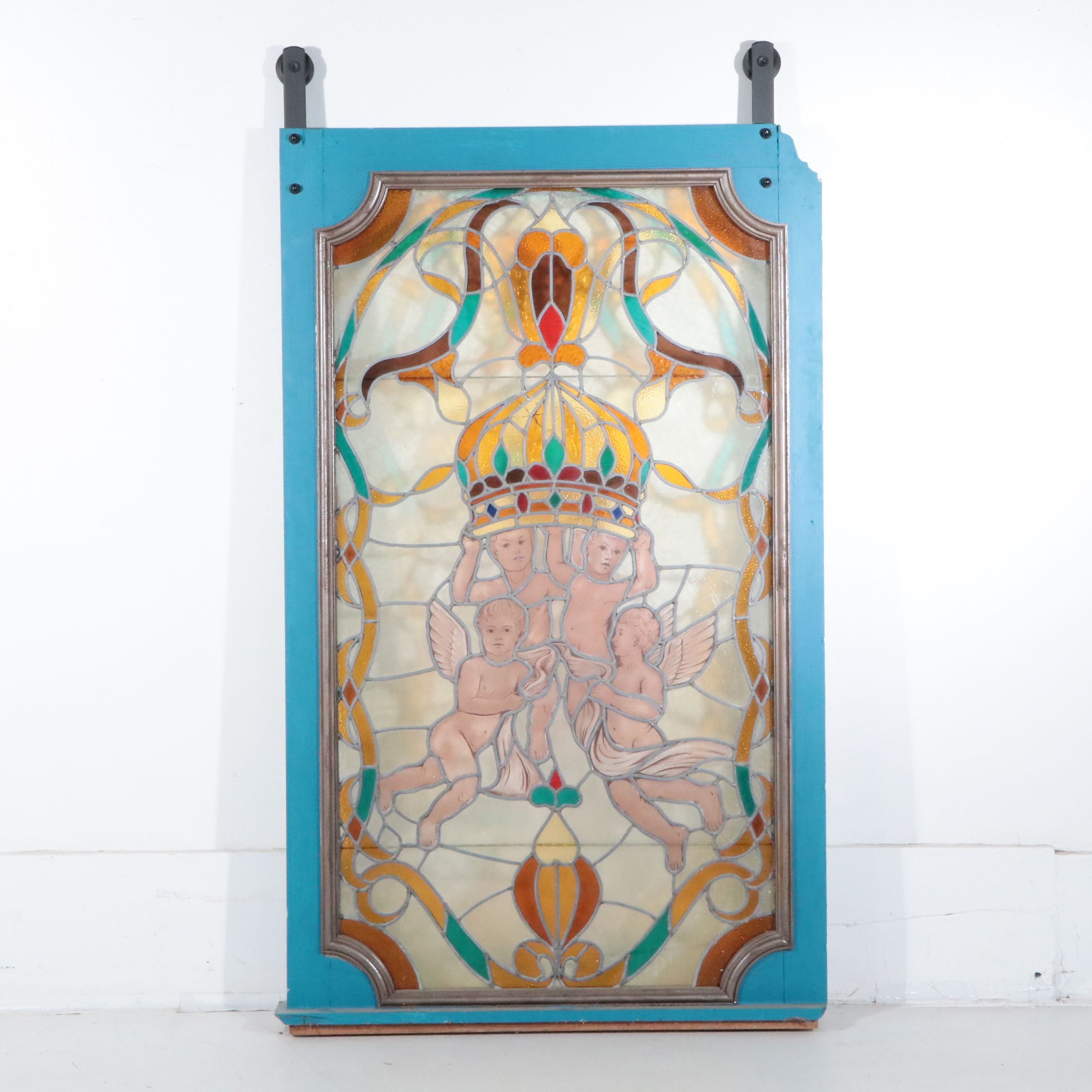 Cherubs and Crown Leaded Stained Glass Window
