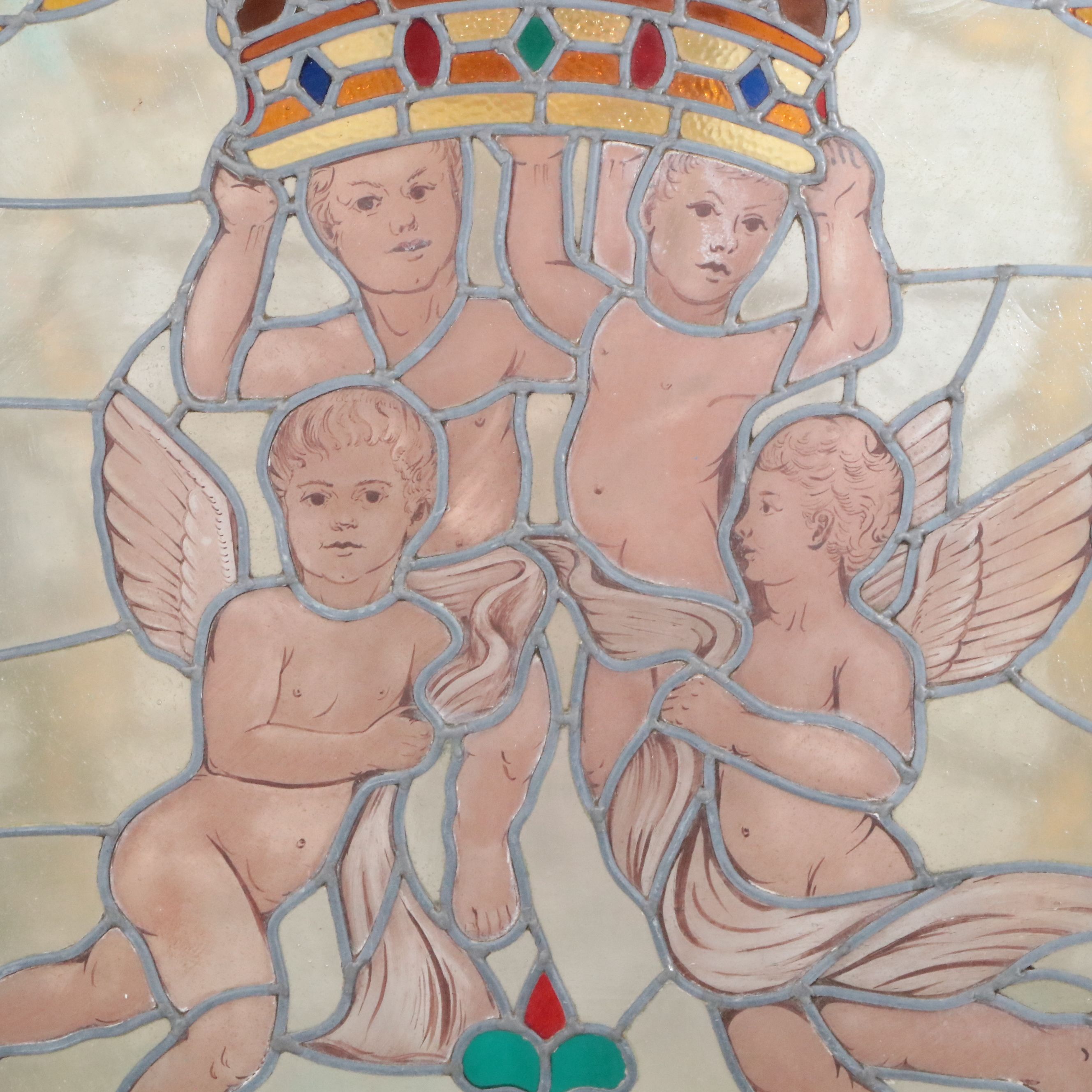 Cherubs and Crown Leaded Stained Glass Window