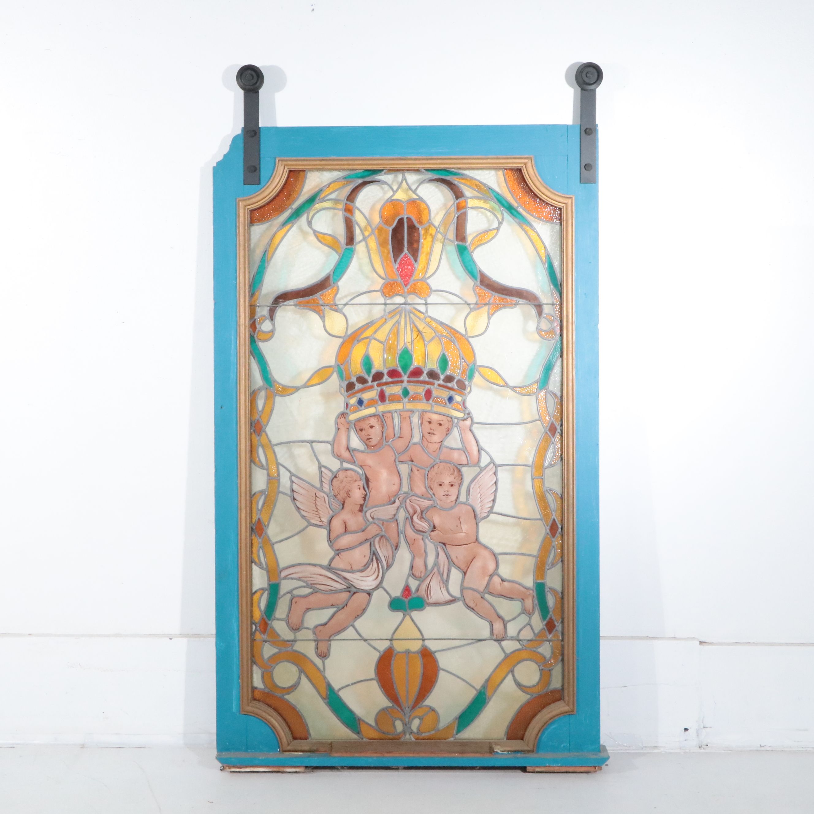 Cherubs and Crown Leaded Stained Glass Window