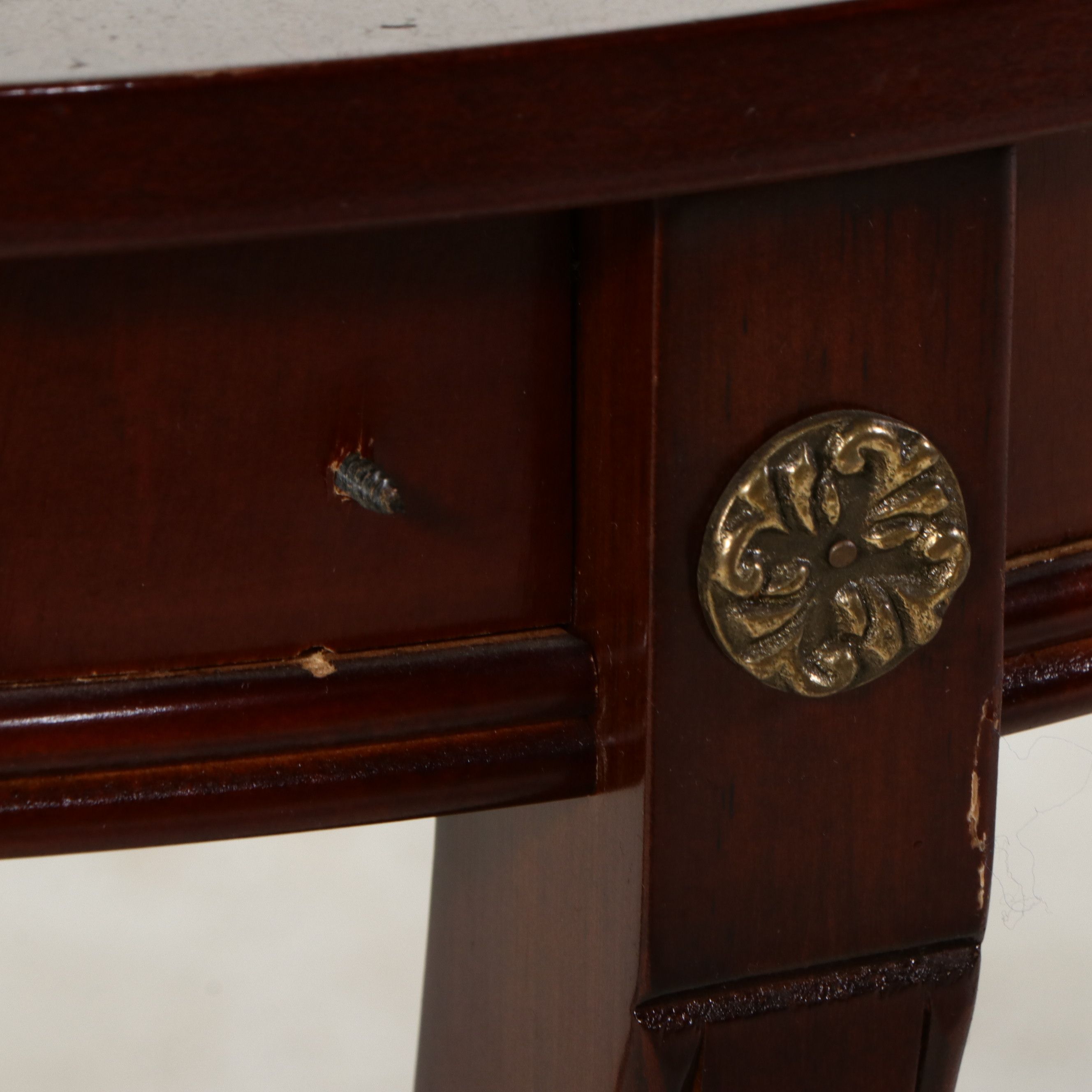 Pair of Bombay Company Mahogany Finish Demilune Console Tables