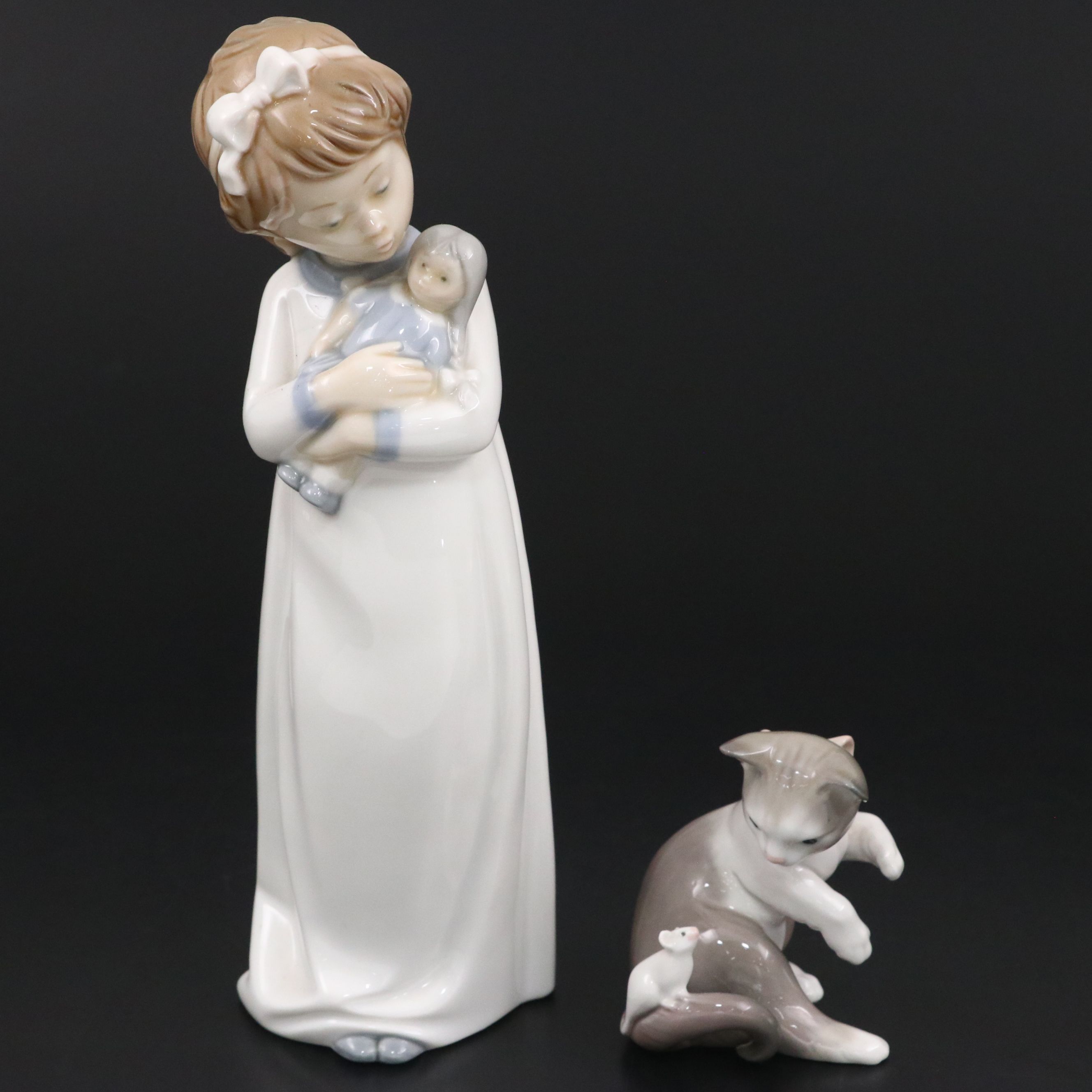 Lladró "Cat and Mouse" and "Girl Holding Doll" Porcelain Figurines