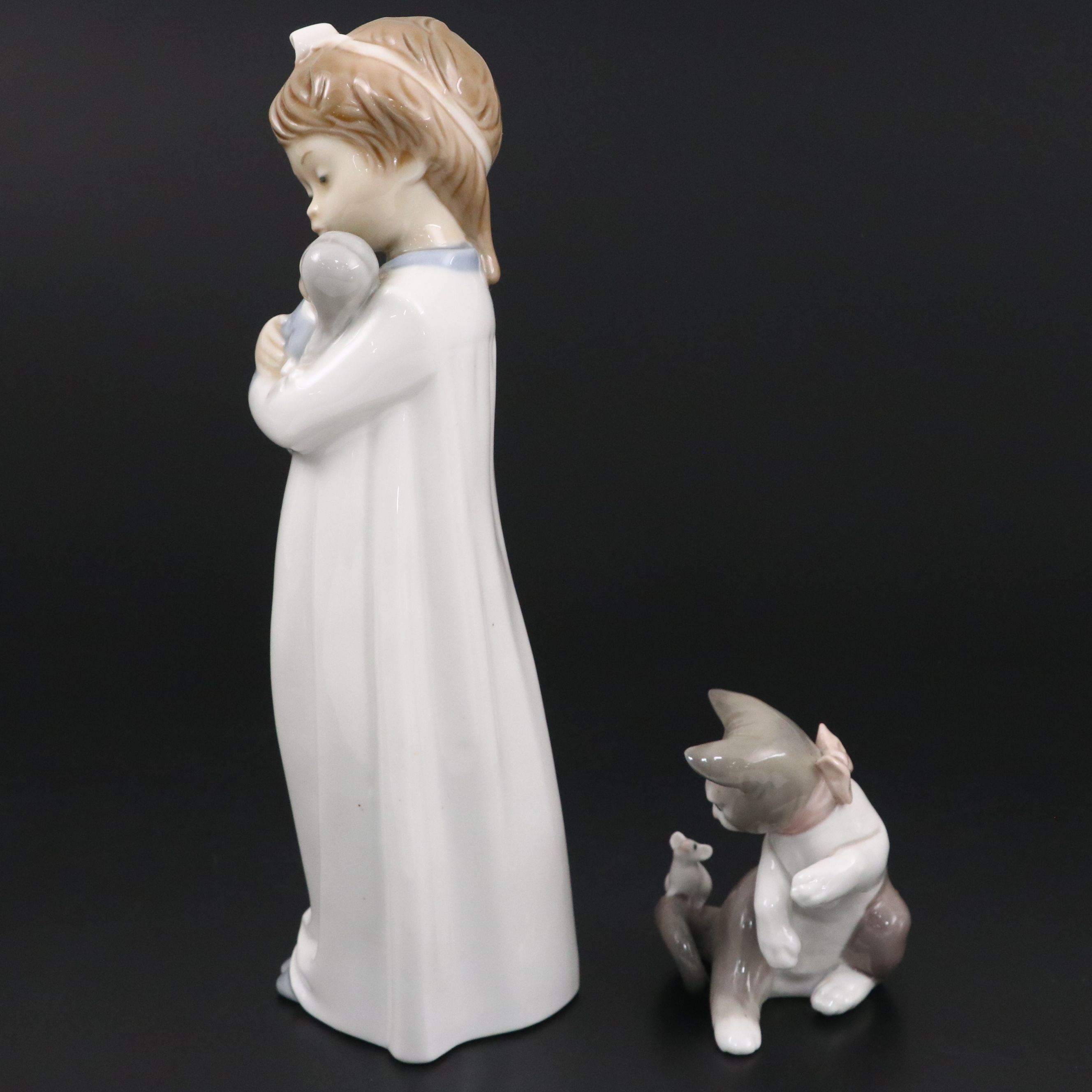 Lladró "Cat and Mouse" and "Girl Holding Doll" Porcelain Figurines