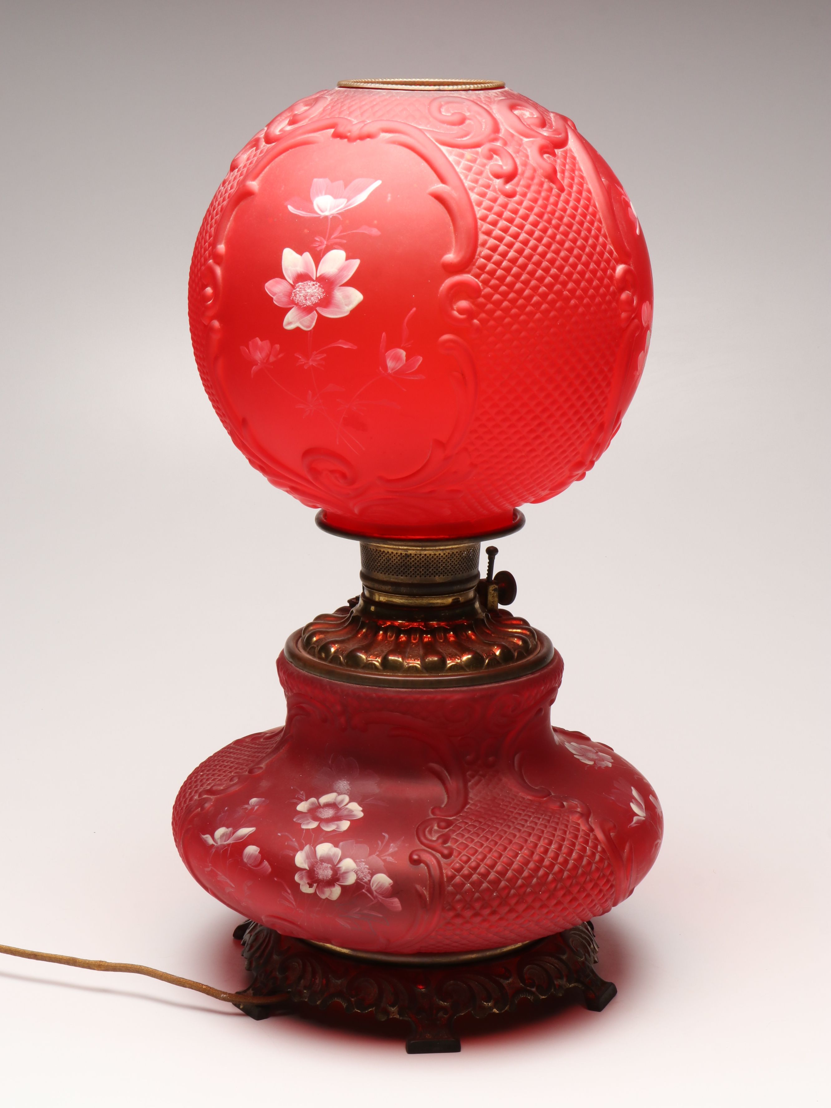 Victorian Paint-Decorated Ruby Glass Parlor Lamp, Adapted Mid-20th Century