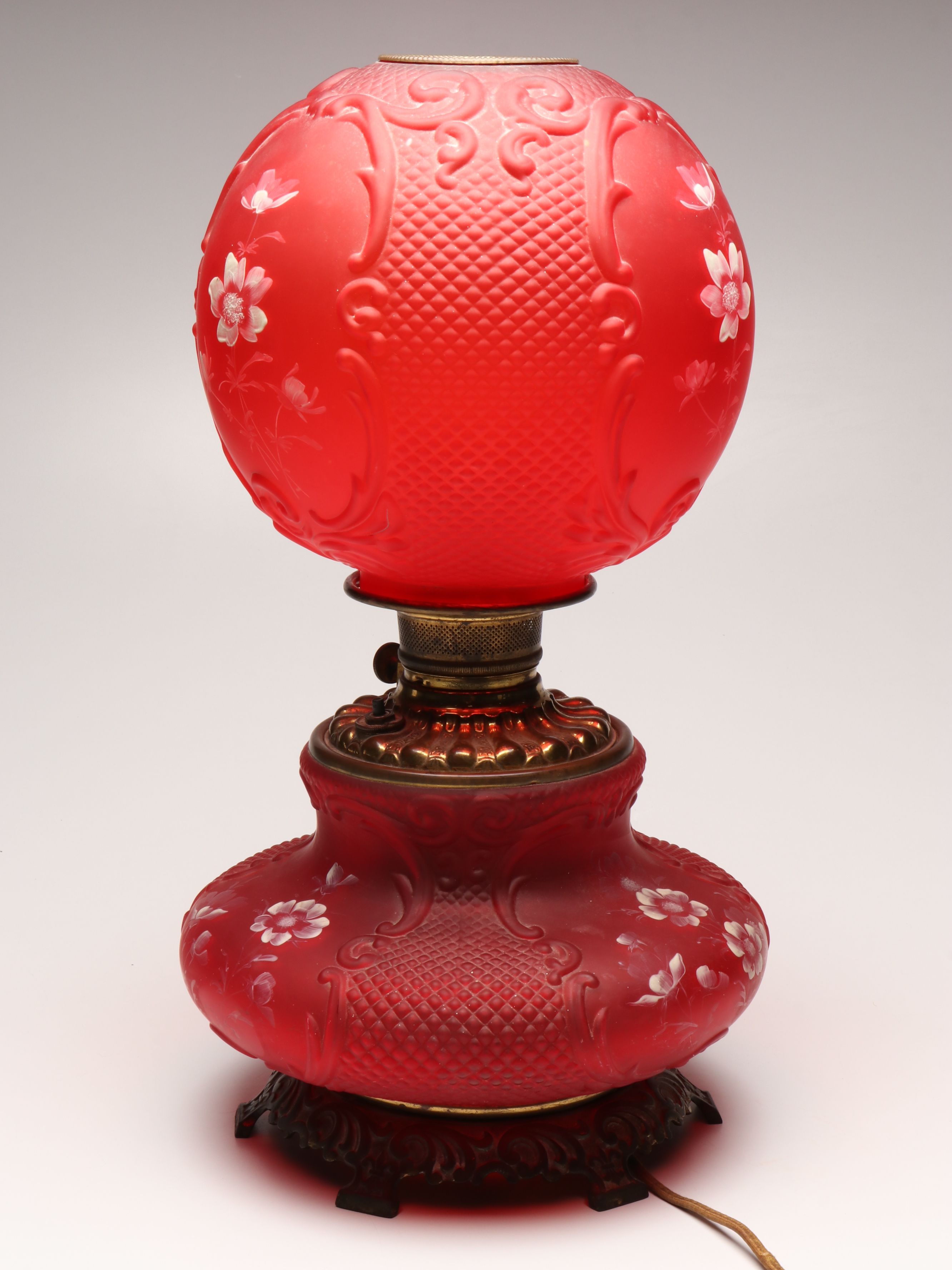 Victorian Paint-Decorated Ruby Glass Parlor Lamp, Adapted Mid-20th Century