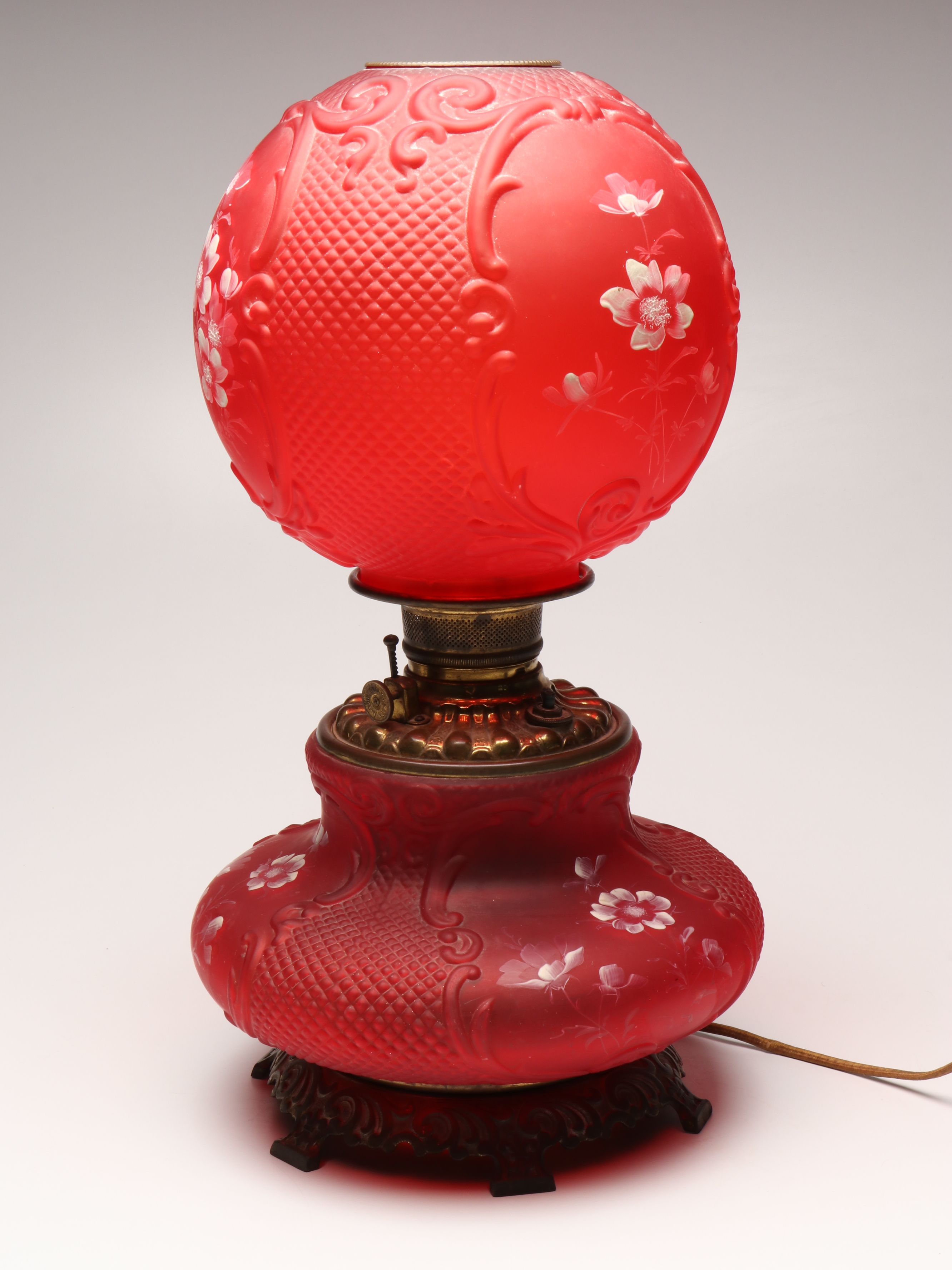 Victorian Paint-Decorated Ruby Glass Parlor Lamp, Adapted Mid-20th Century