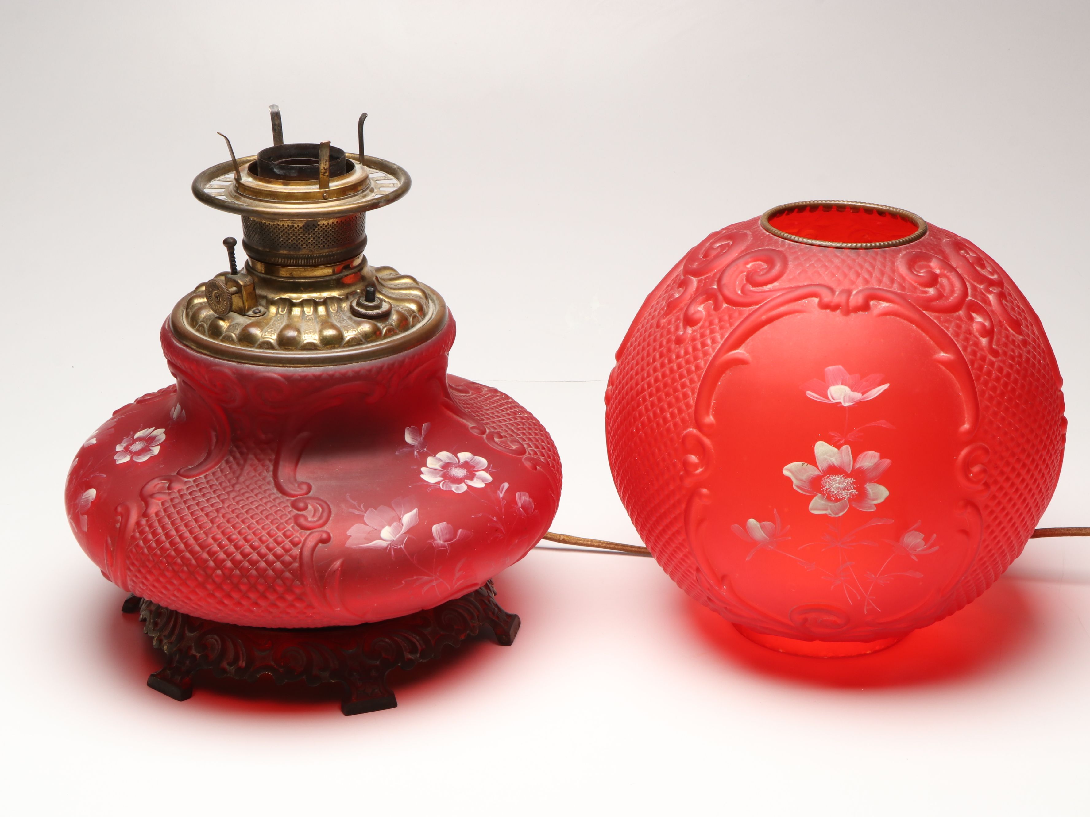 Victorian Paint-Decorated Ruby Glass Parlor Lamp, Adapted Mid-20th Century