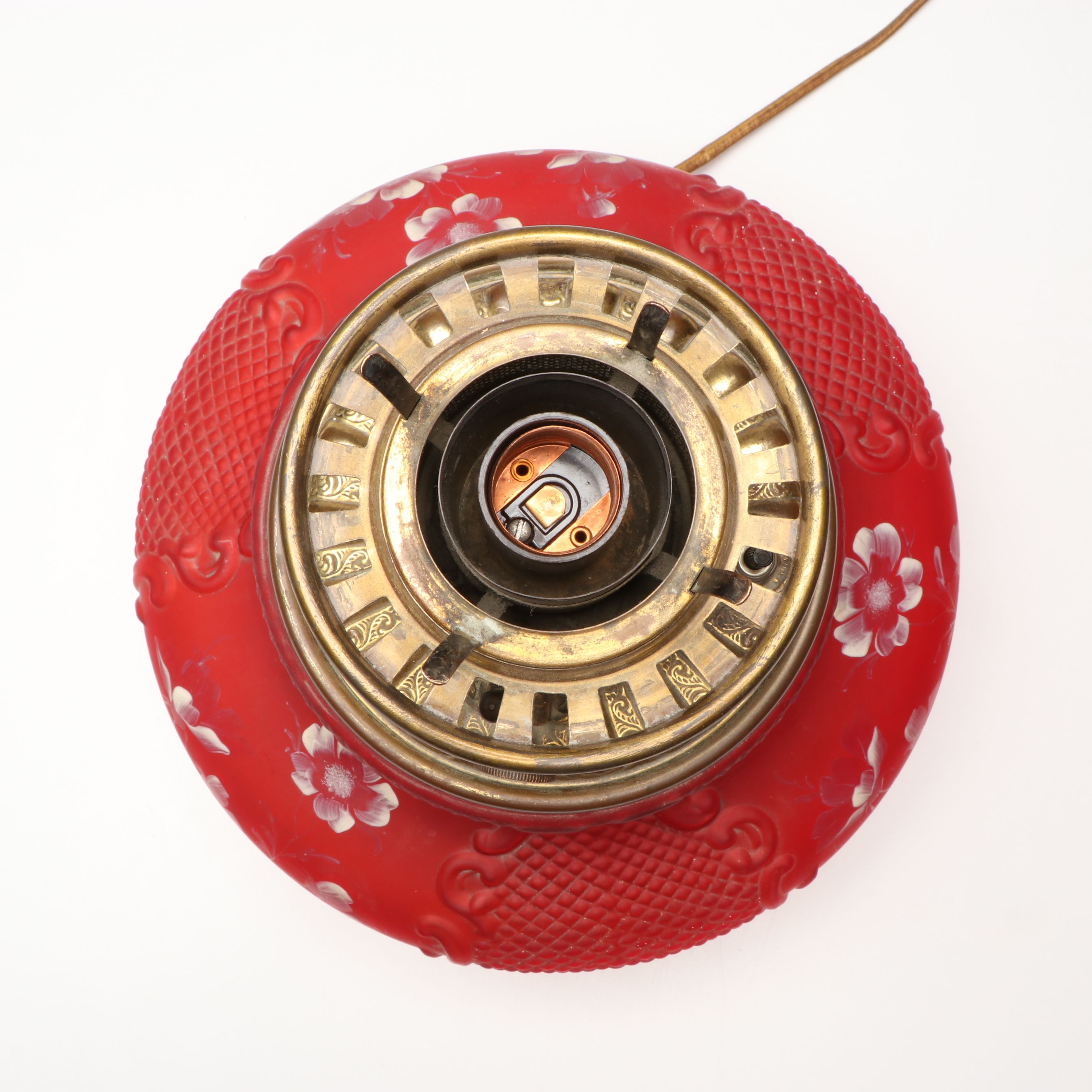 Victorian Paint-Decorated Ruby Glass Parlor Lamp, Adapted Mid-20th Century