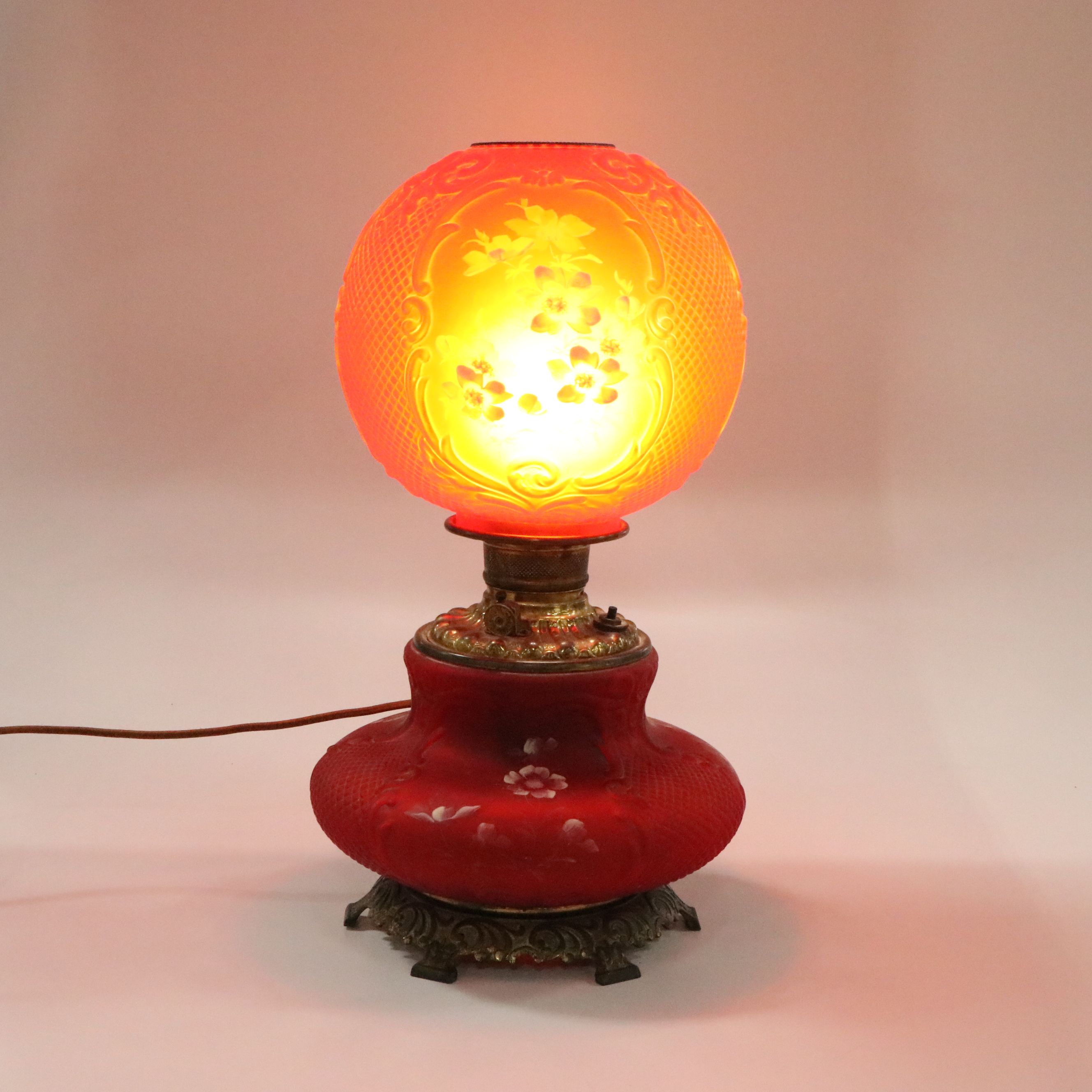 Victorian Paint-Decorated Ruby Glass Parlor Lamp, Adapted Mid-20th Century