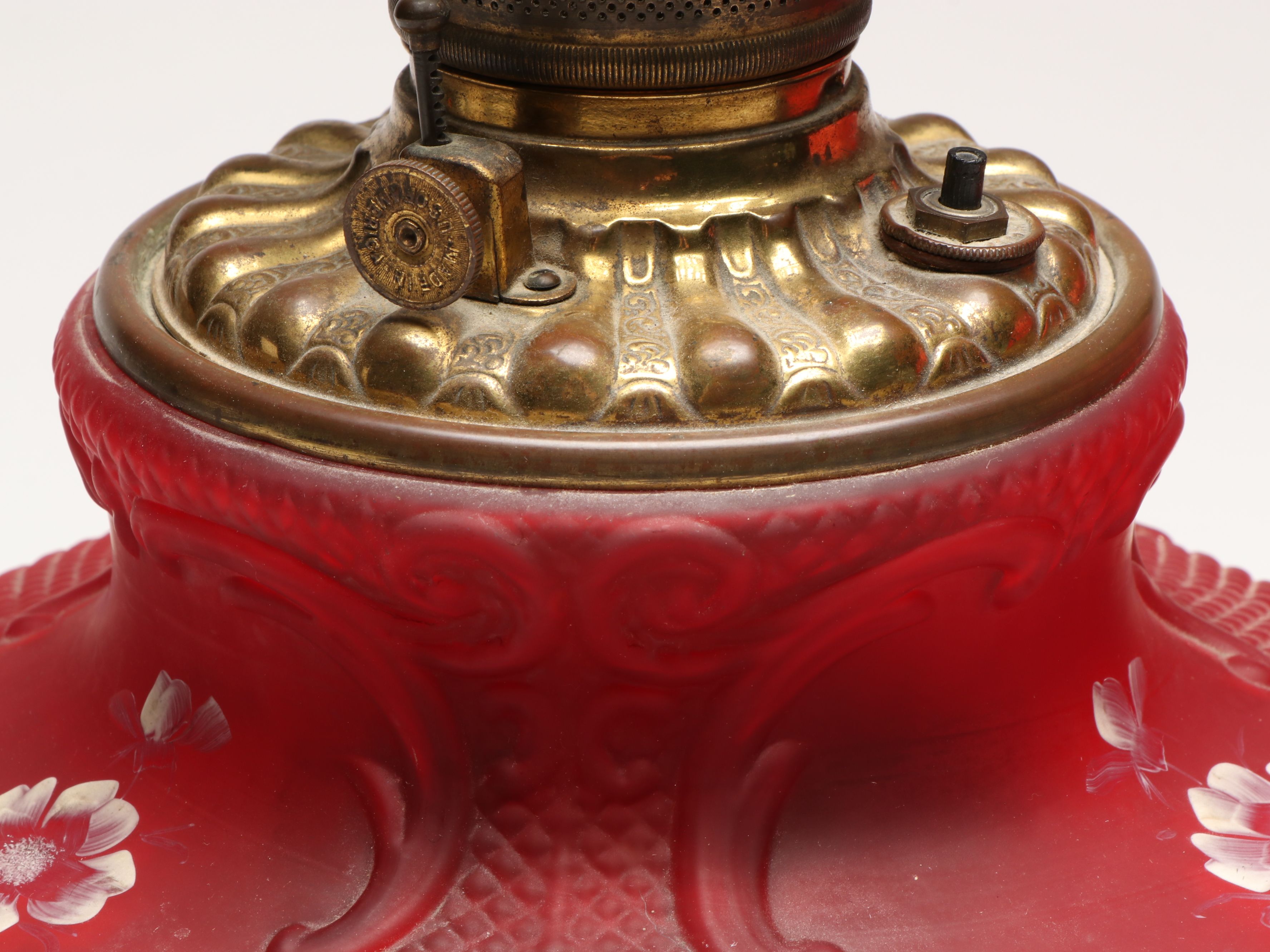 Victorian Paint-Decorated Ruby Glass Parlor Lamp, Adapted Mid-20th Century