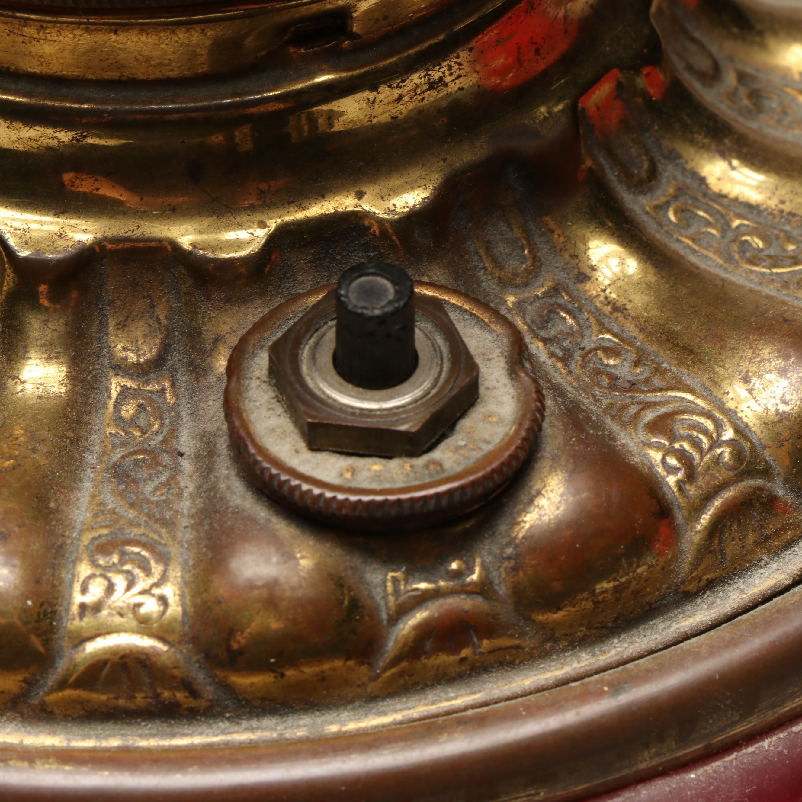 Victorian Paint-Decorated Ruby Glass Parlor Lamp, Adapted Mid-20th Century