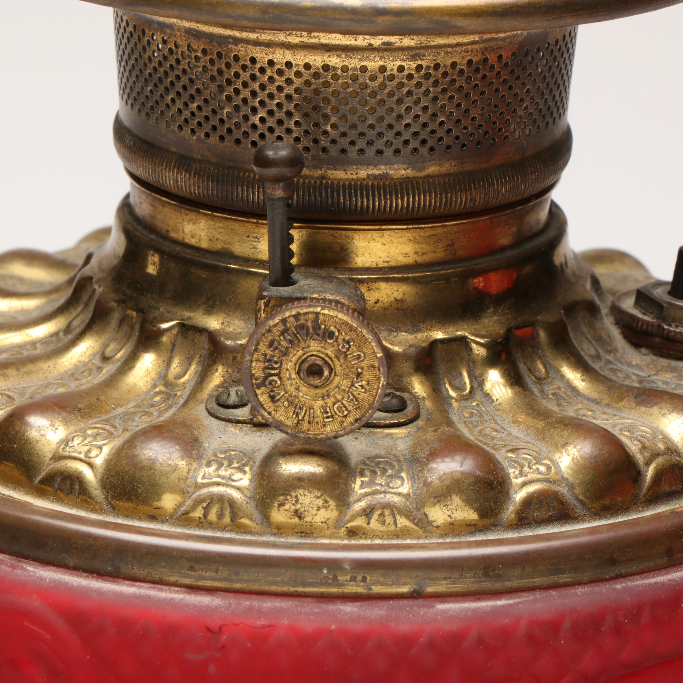 Victorian Paint-Decorated Ruby Glass Parlor Lamp, Adapted Mid-20th Century