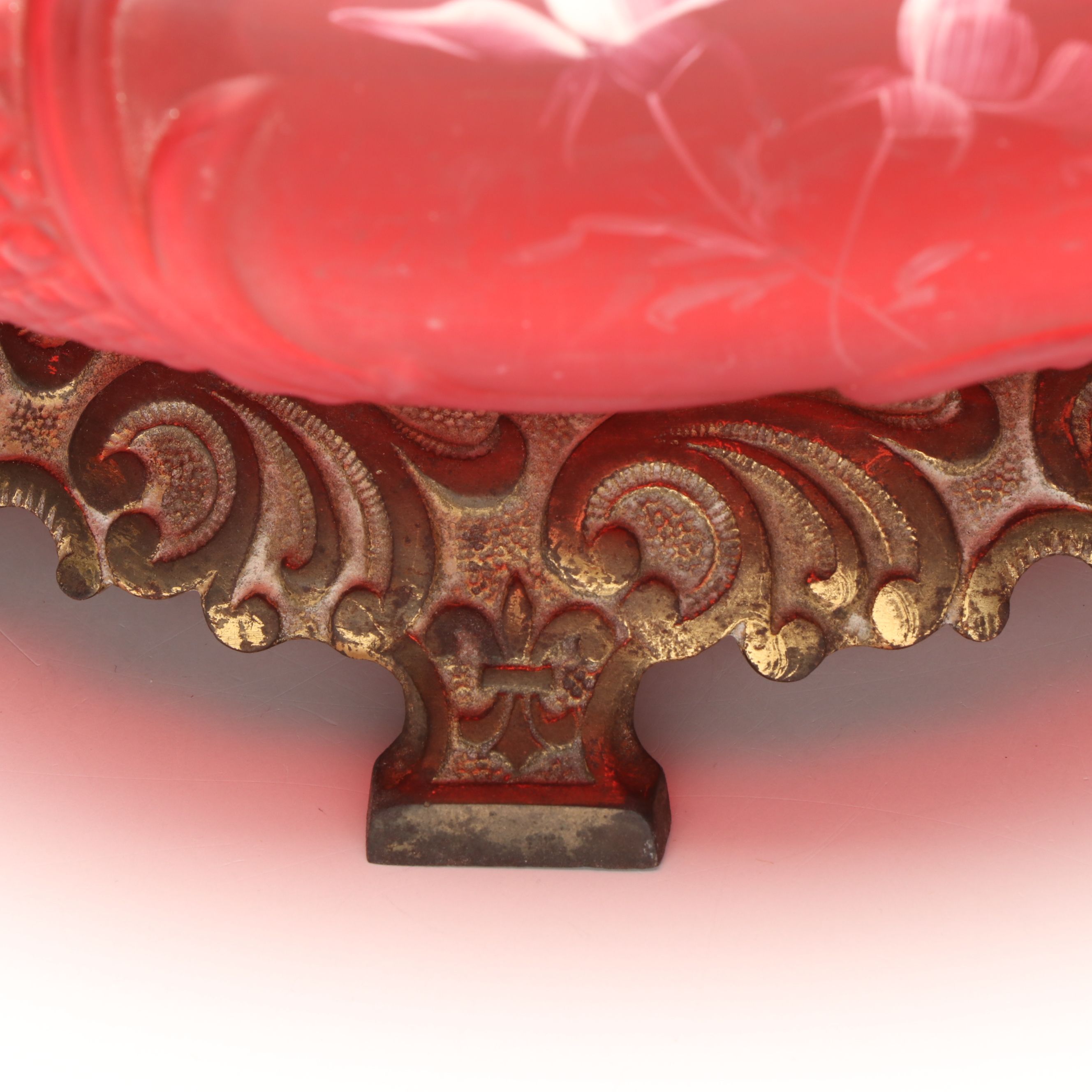 Victorian Paint-Decorated Ruby Glass Parlor Lamp, Adapted Mid-20th Century