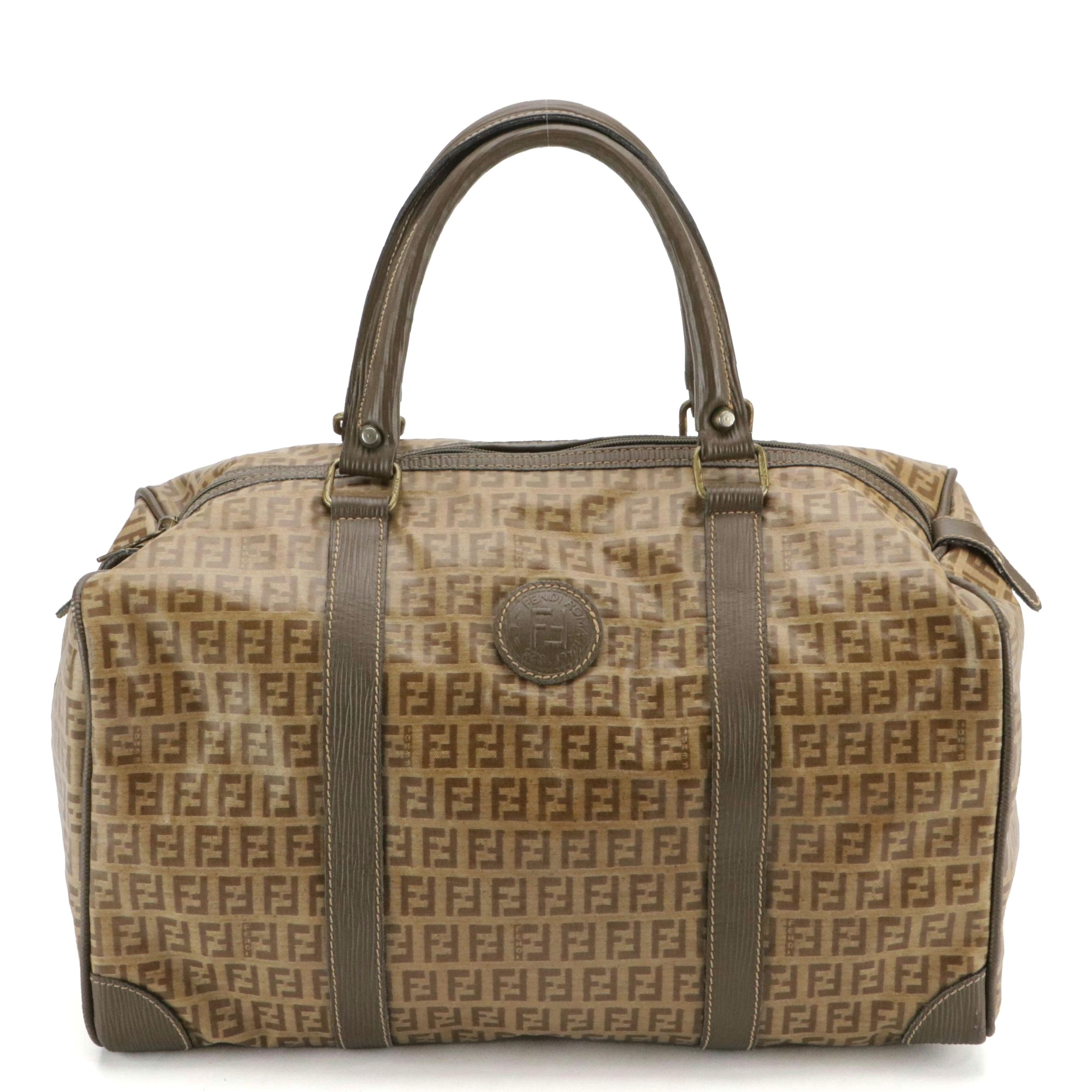 Fendi Small Duffle Bag in Brown Zucchino Vinyl and Textured Leather Trim