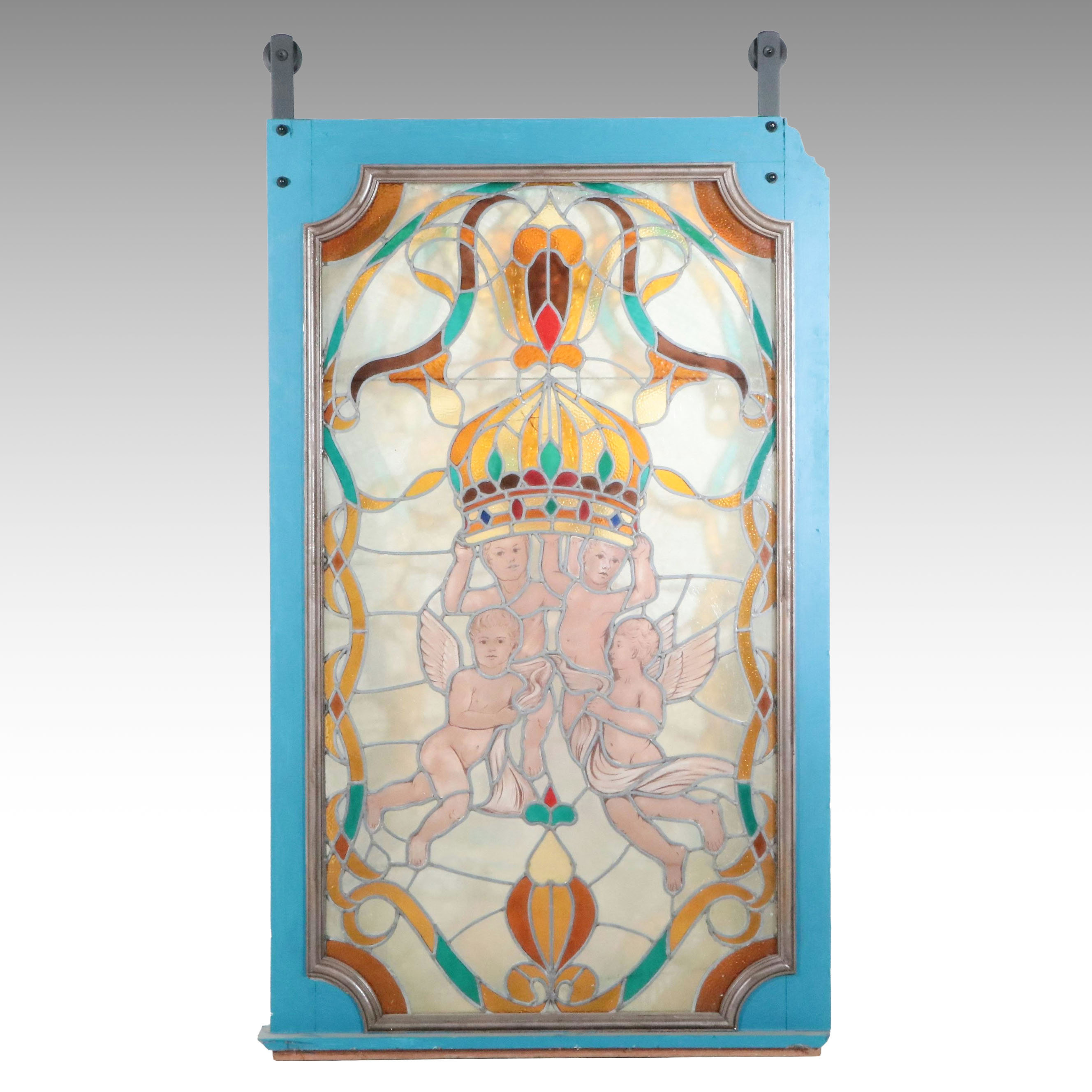 Cherubs and Crown Leaded Stained Glass Window