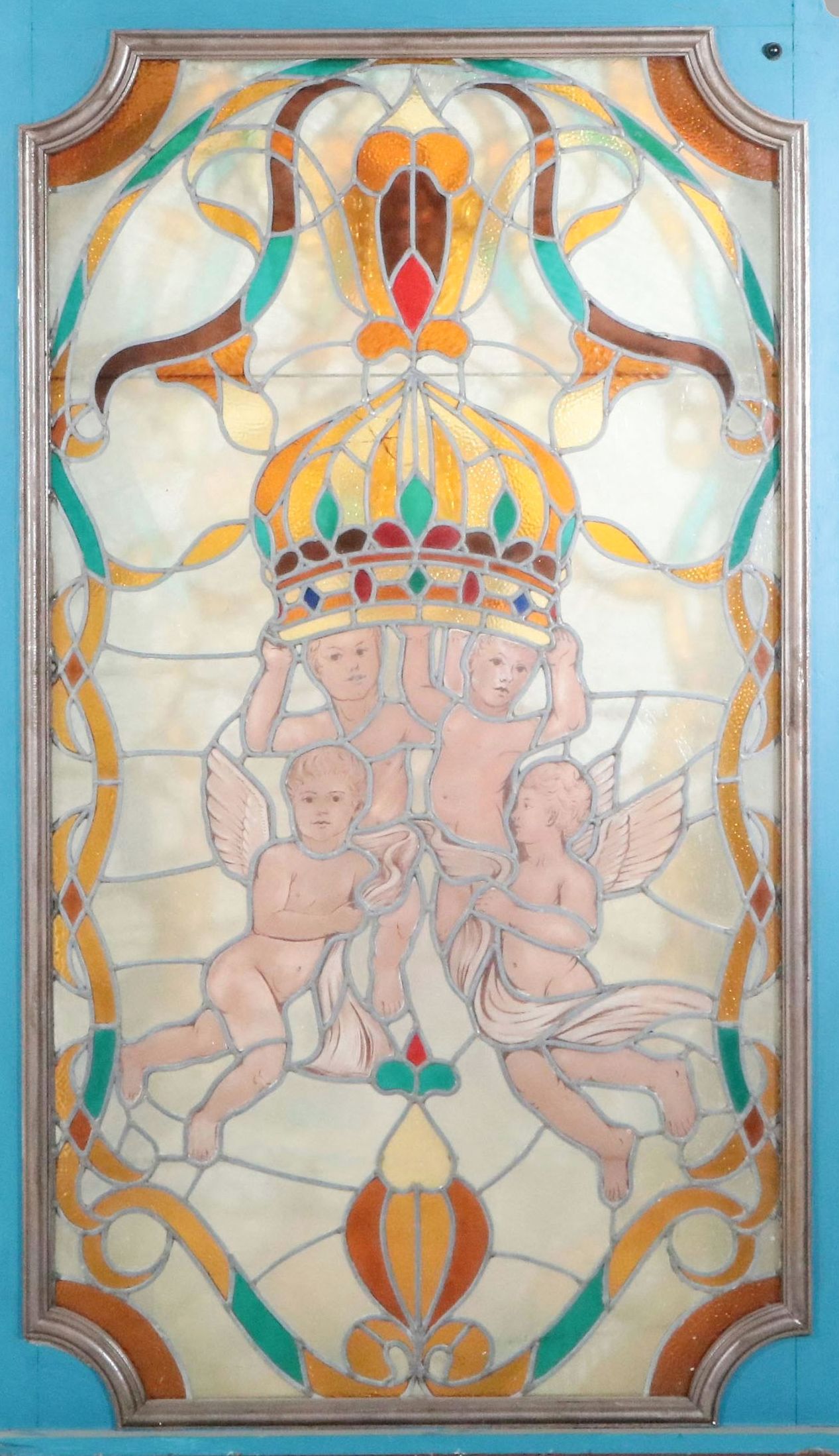 Cherubs and Crown Leaded Stained Glass Window