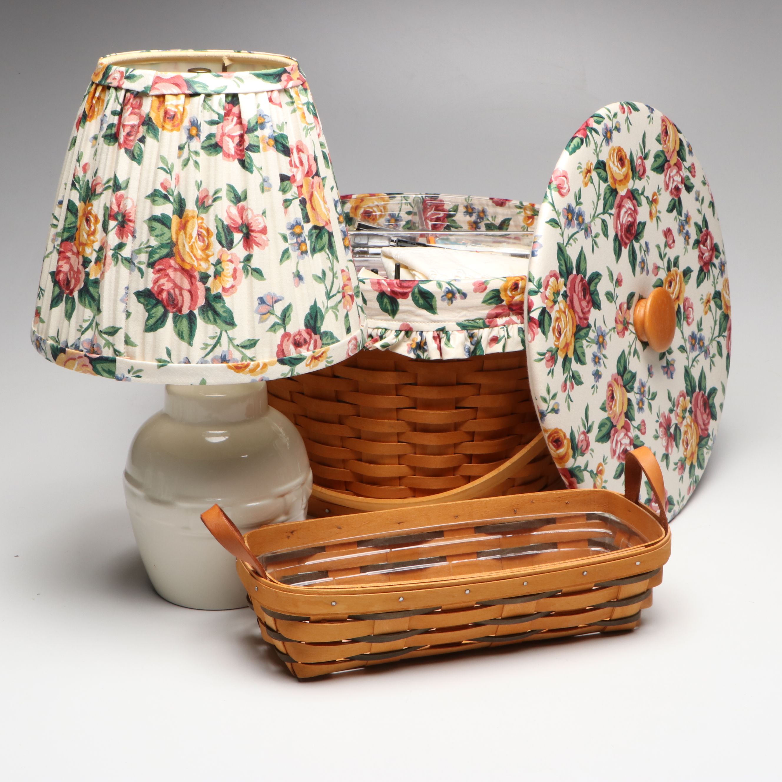 Longaberger Ceramic Table Lamp with Woven Baskets and Sewing Notions
