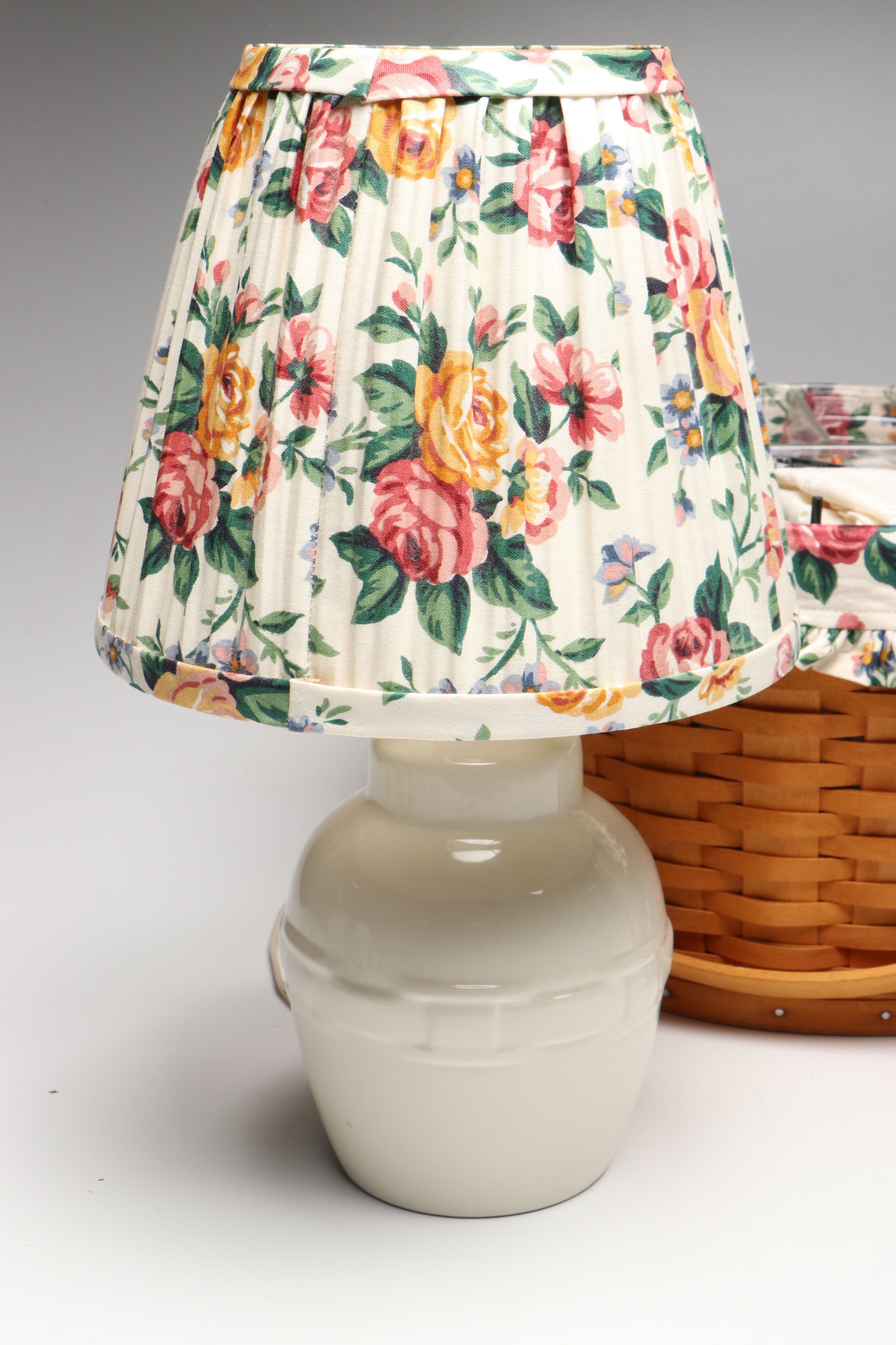 Longaberger Ceramic Table Lamp with Woven Baskets and Sewing Notions