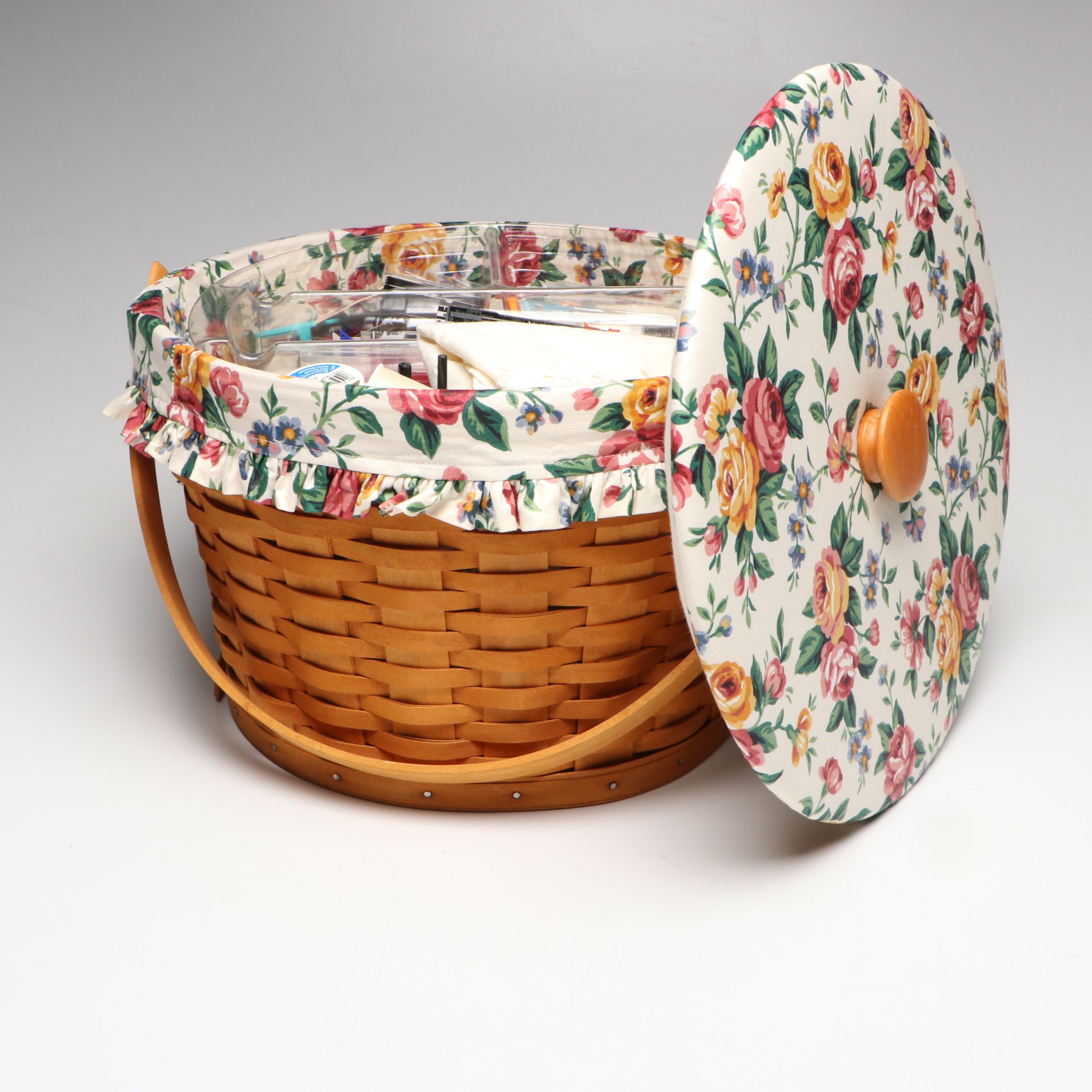 Longaberger Ceramic Table Lamp with Woven Baskets and Sewing Notions