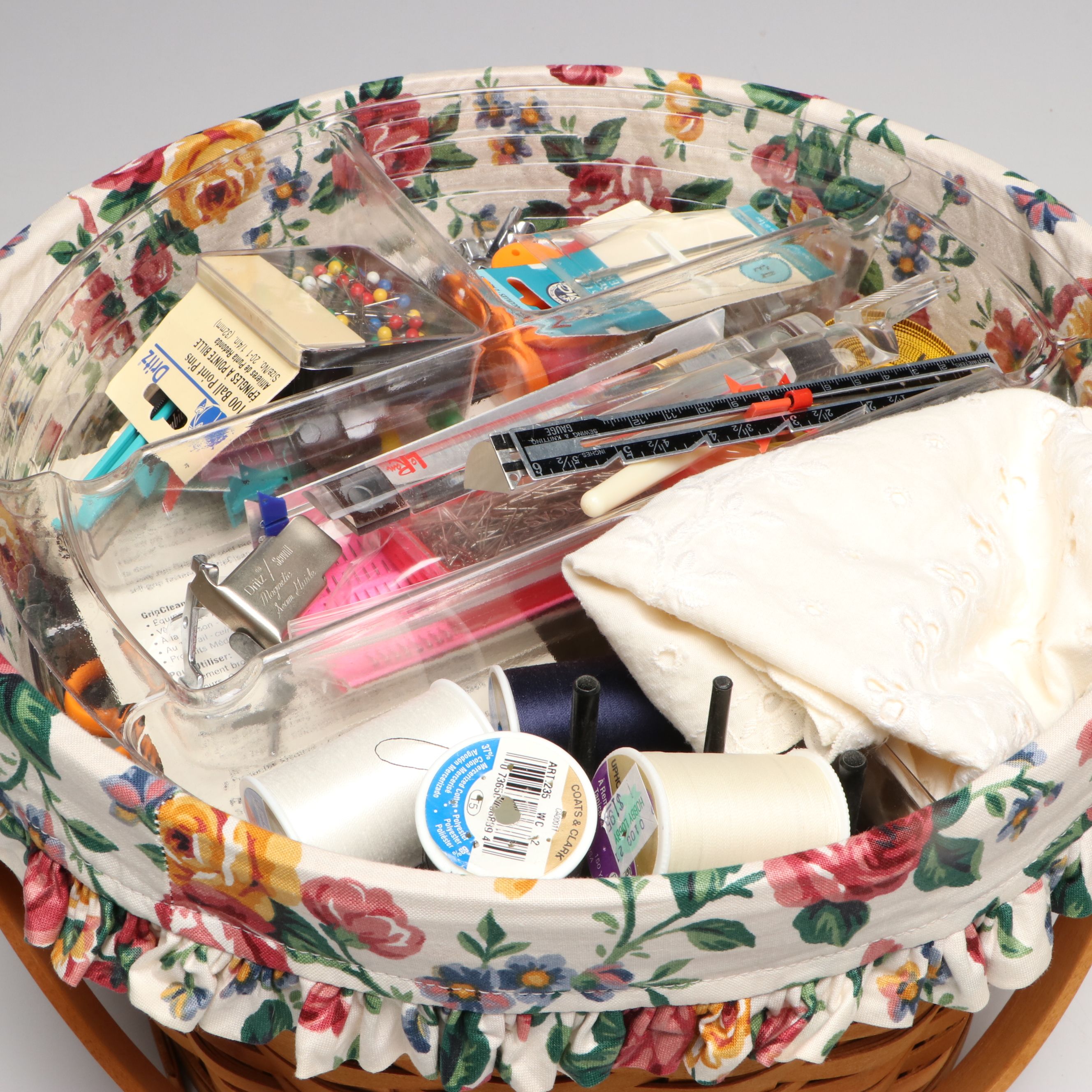 Longaberger Ceramic Table Lamp with Woven Baskets and Sewing Notions