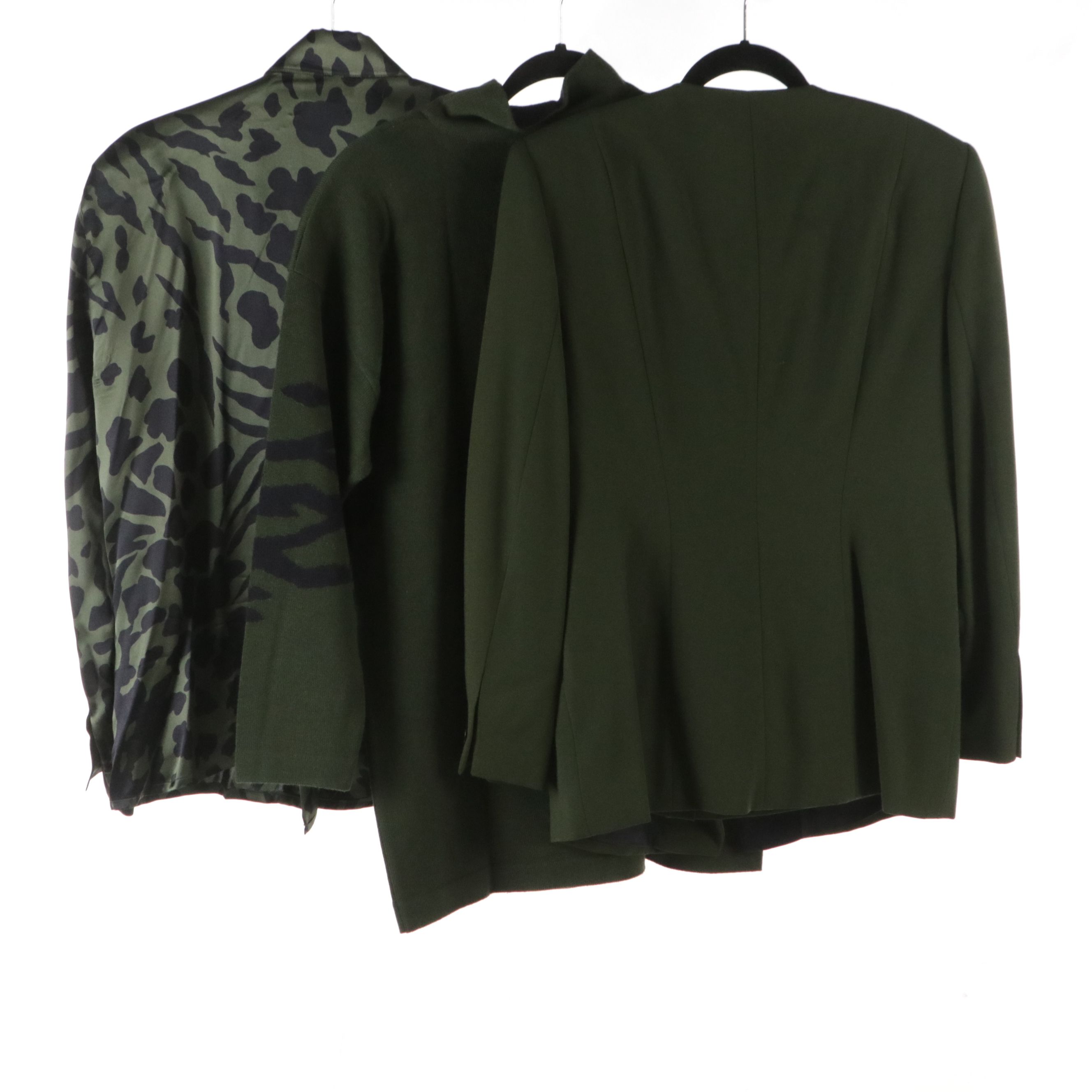 Escada Olive Green Wool Skirt Suit, Animal Print Silk Blouse and Wool Turtleneck