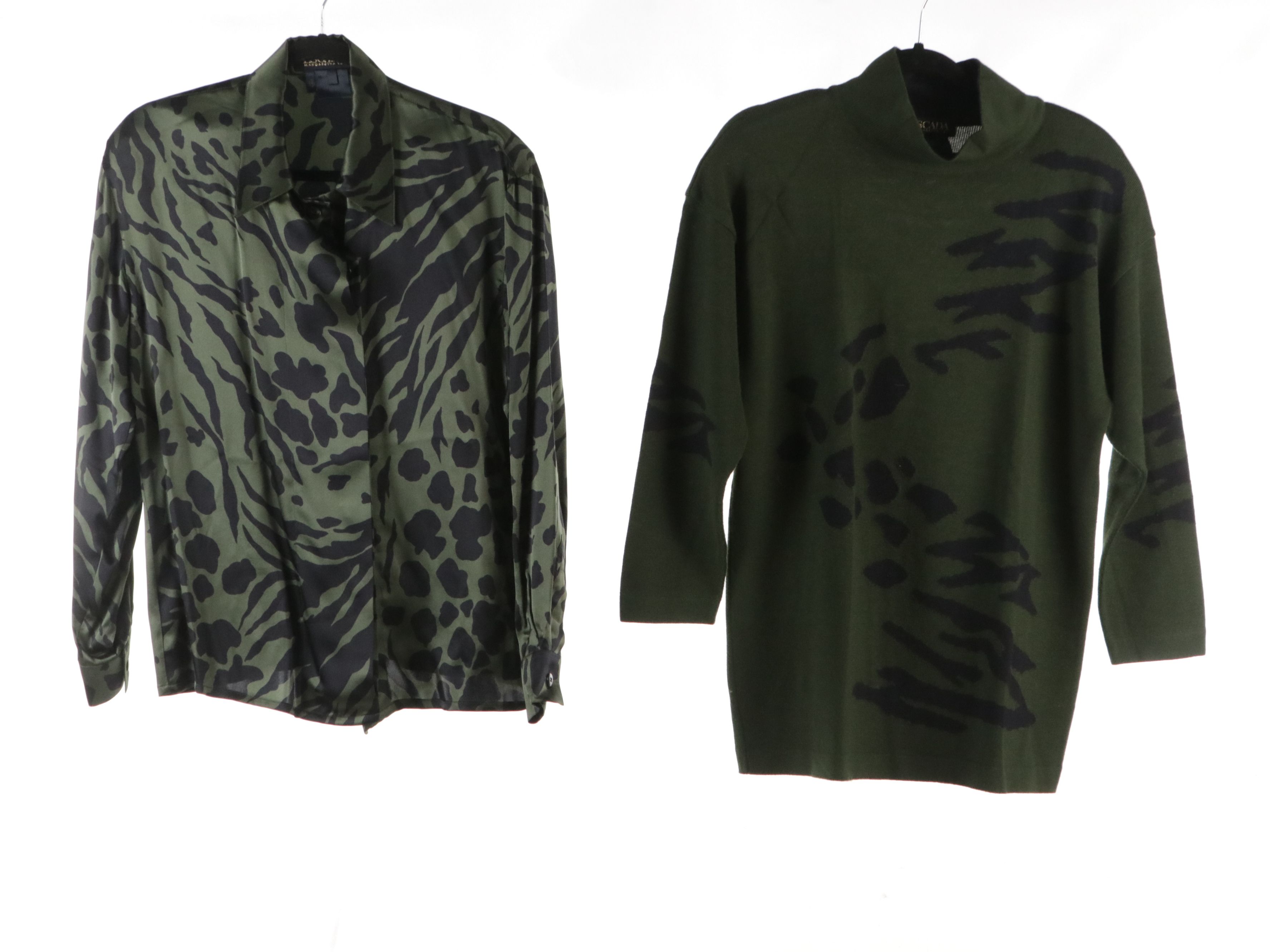 Escada Olive Green Wool Skirt Suit, Animal Print Silk Blouse and Wool Turtleneck