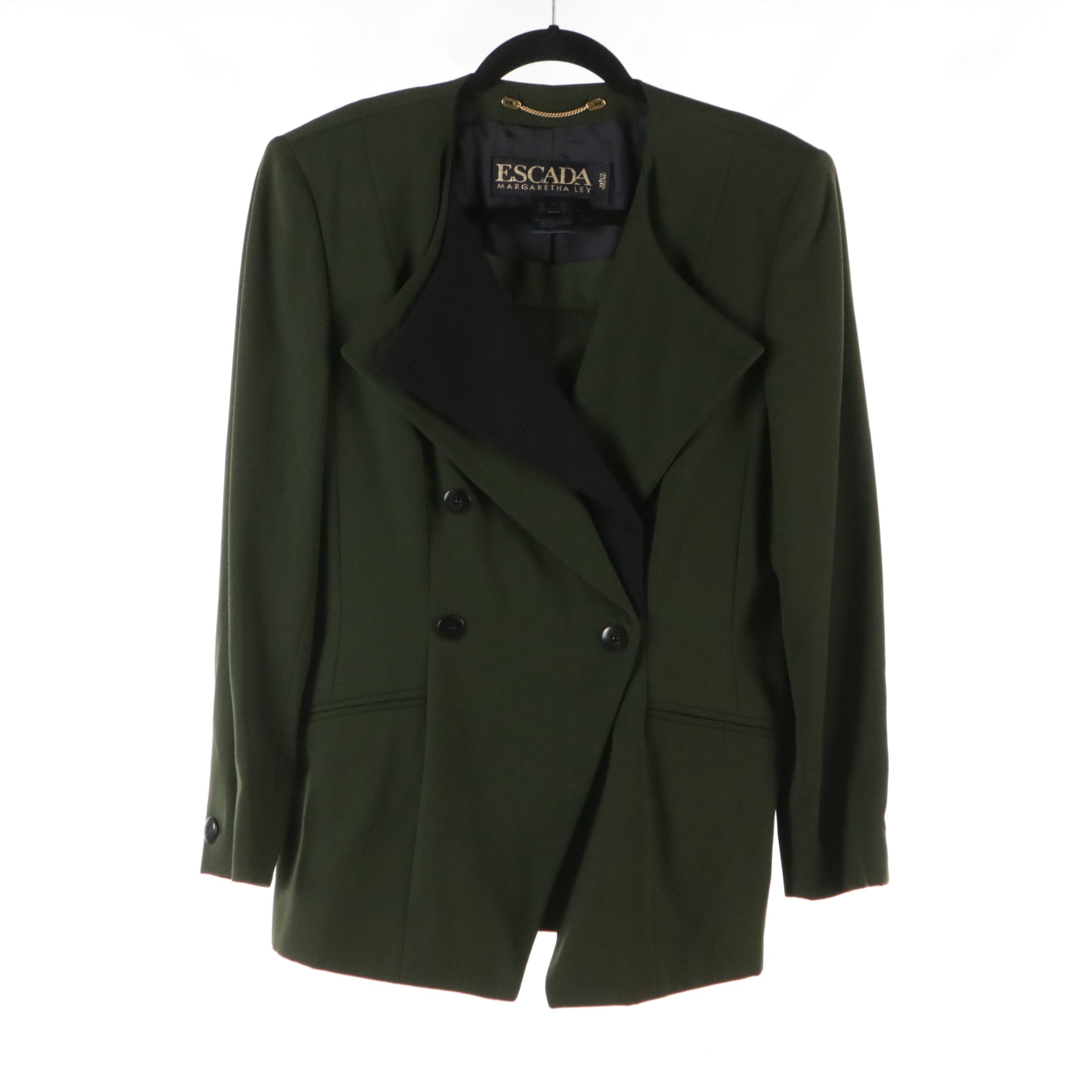 Escada Olive Green Wool Skirt Suit, Animal Print Silk Blouse and Wool Turtleneck