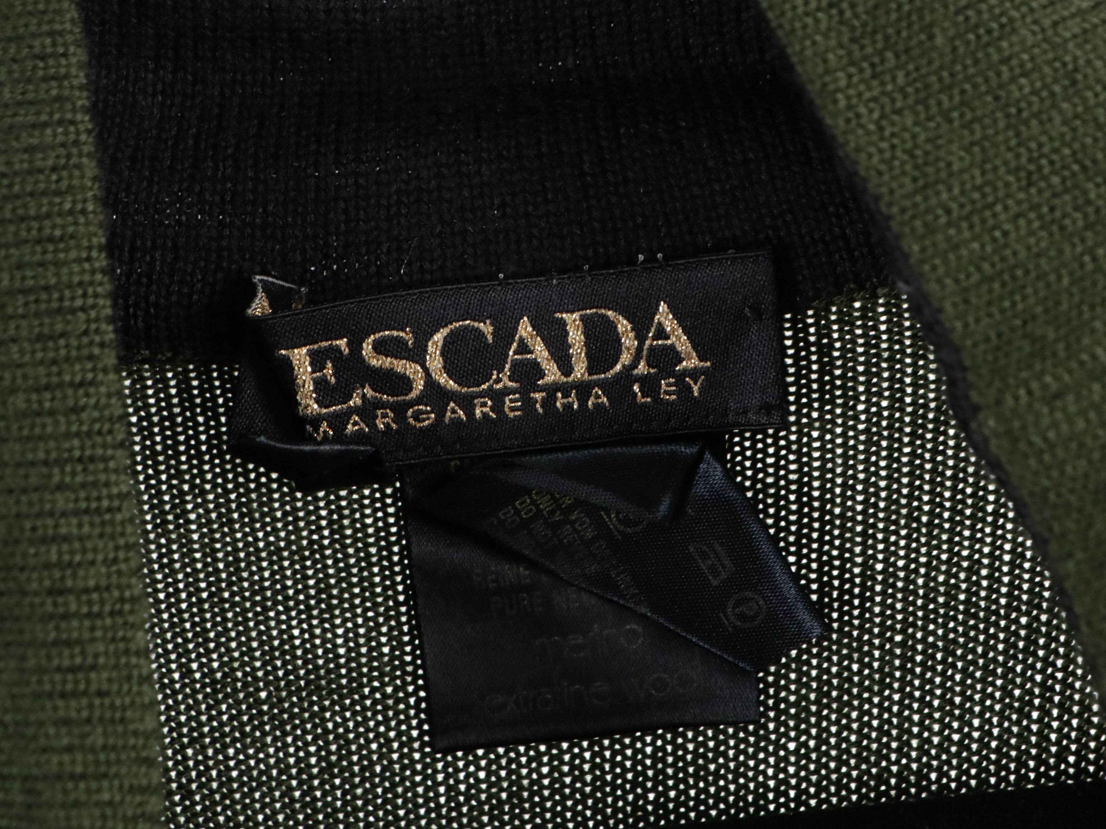 Escada Olive Green Wool Skirt Suit, Animal Print Silk Blouse and Wool Turtleneck