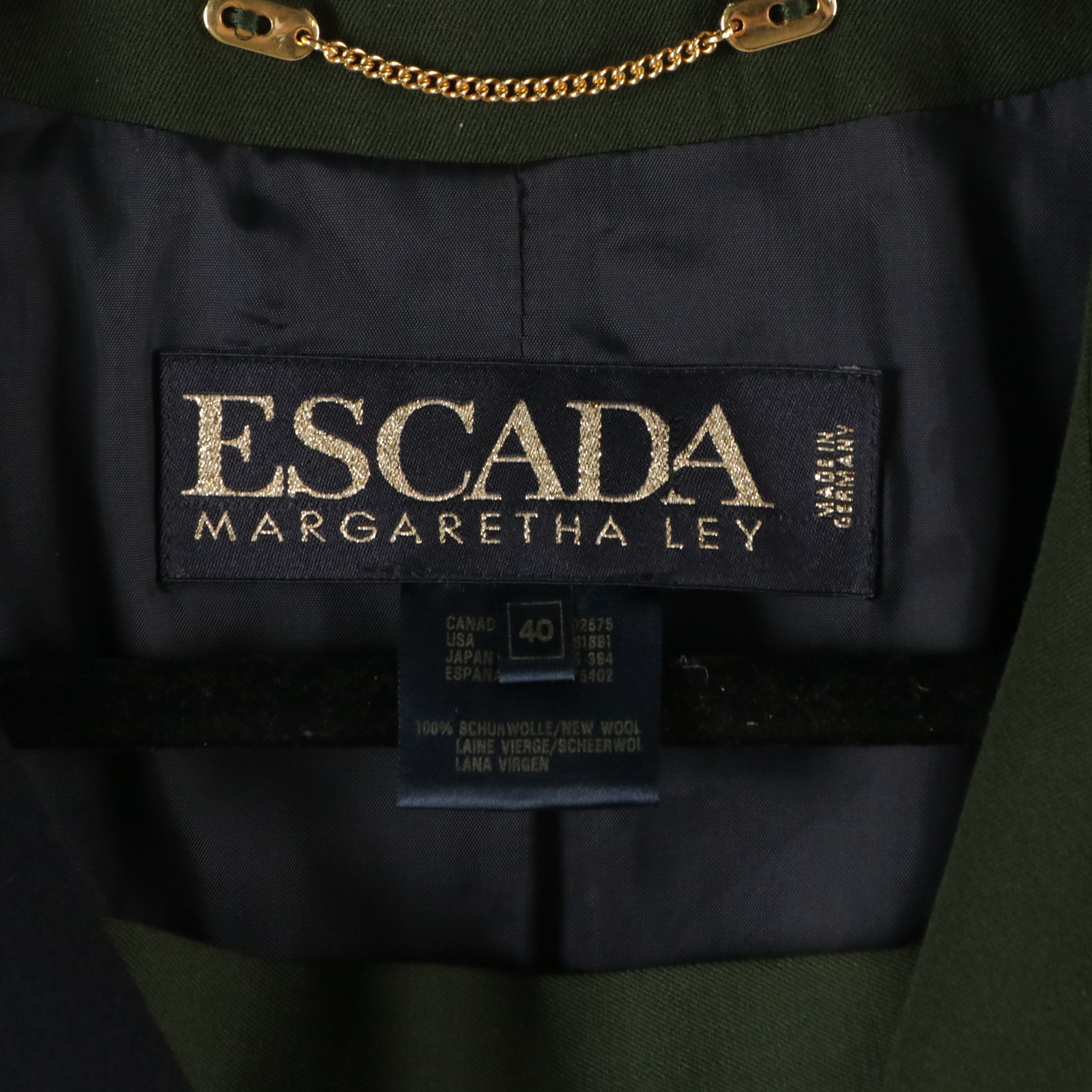 Escada Olive Green Wool Skirt Suit, Animal Print Silk Blouse and Wool Turtleneck