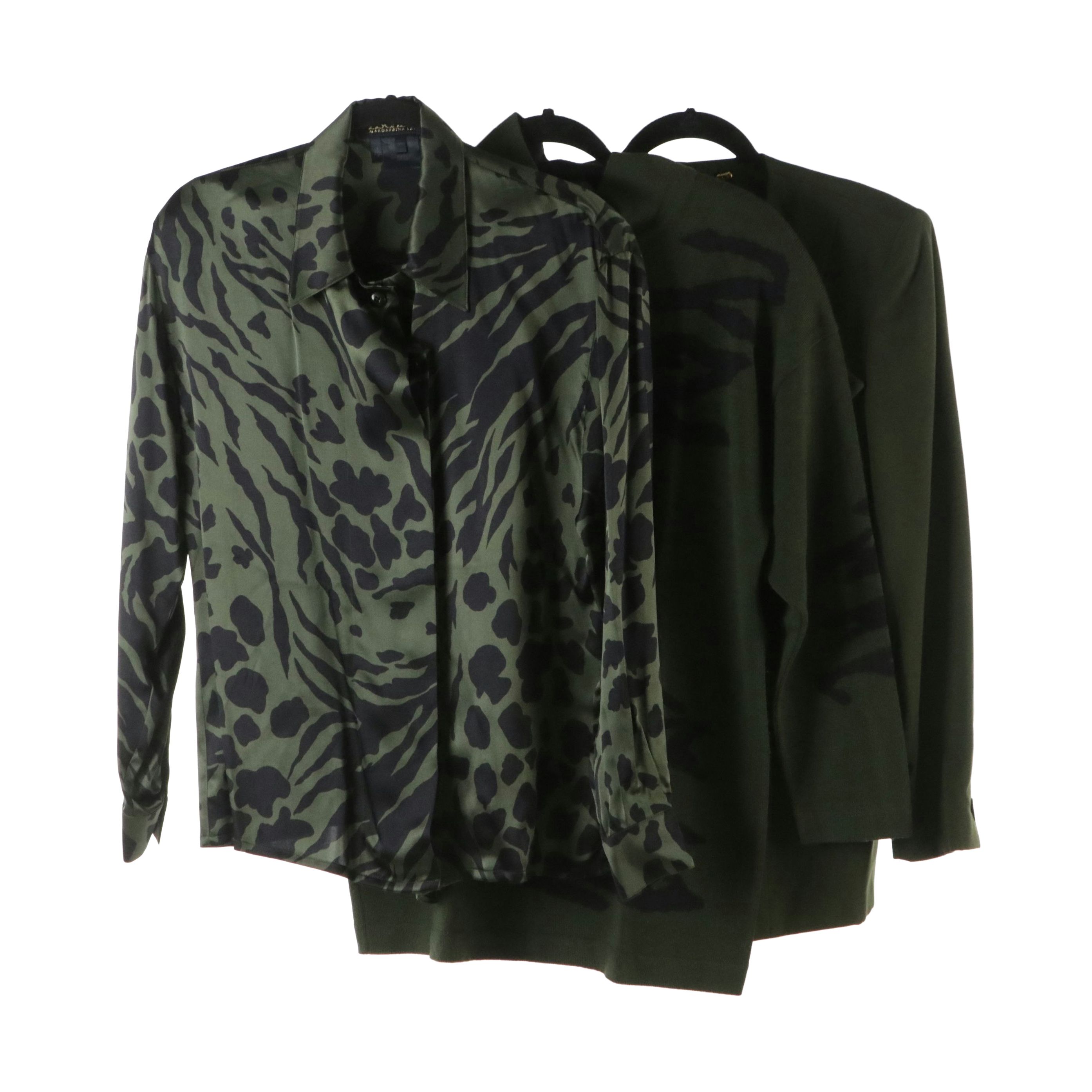 Escada Olive Green Wool Skirt Suit, Animal Print Silk Blouse and Wool Turtleneck