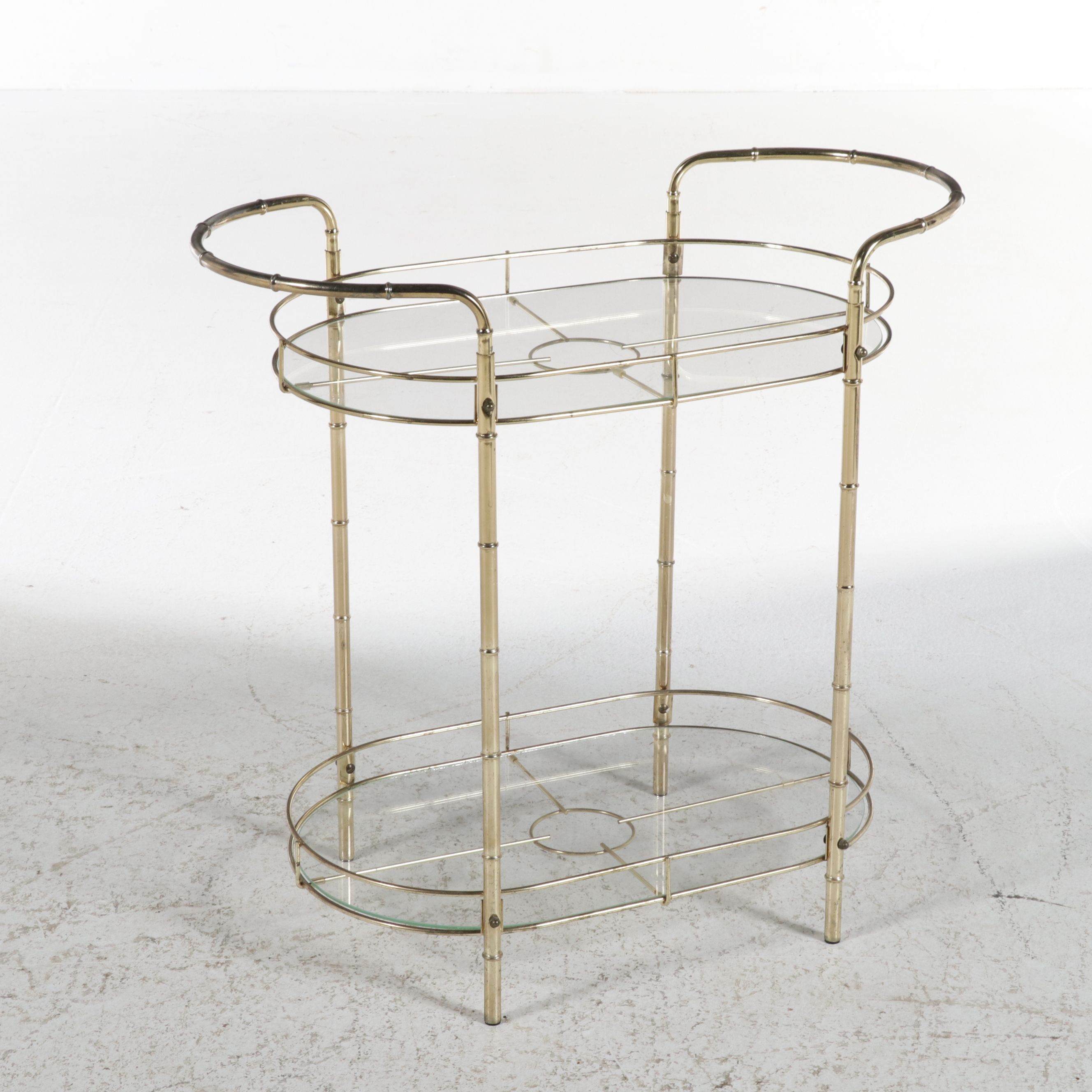 Hollywood Regency Faux Bamboo Metal and Glass Two-Tiered Serving Table