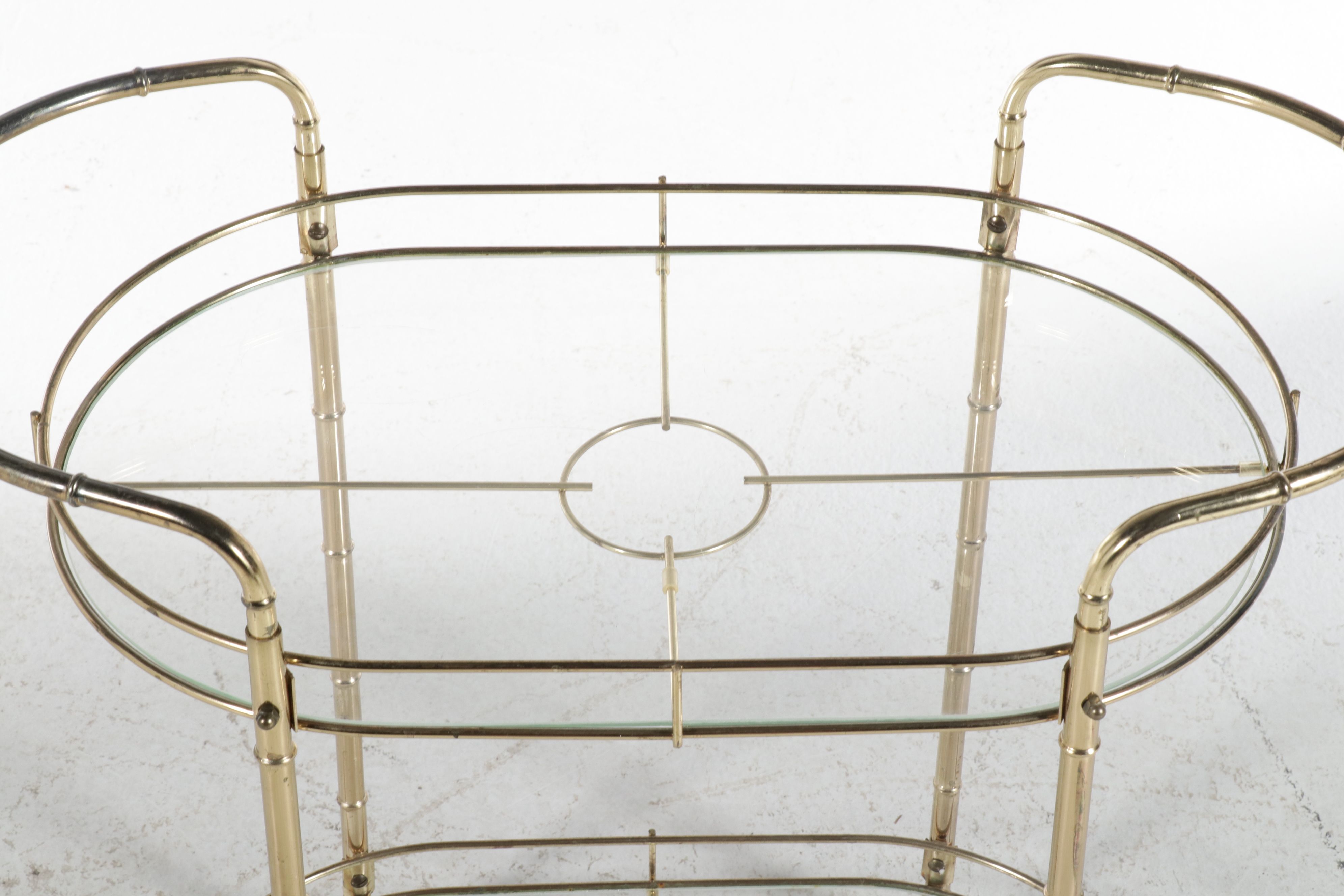 Hollywood Regency Faux Bamboo Metal and Glass Two-Tiered Serving Table