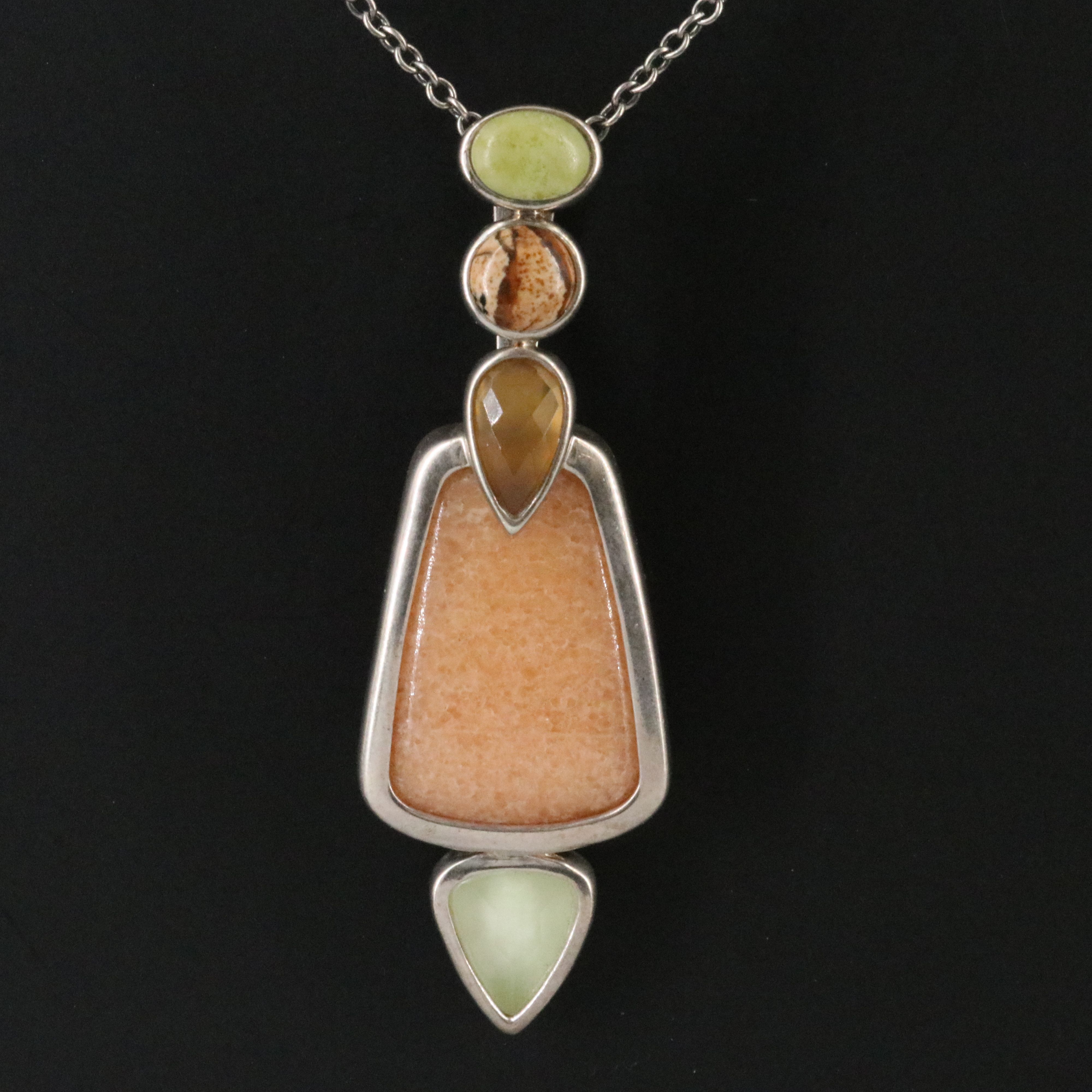 Sterling Quartzite, Jasper, and Agate Pendant Necklace