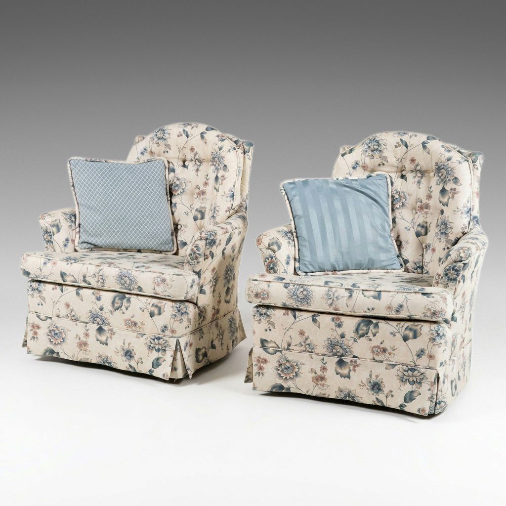 Pair of Floral Upholstered Swivel Rocking Armchairs, Late 20th Century