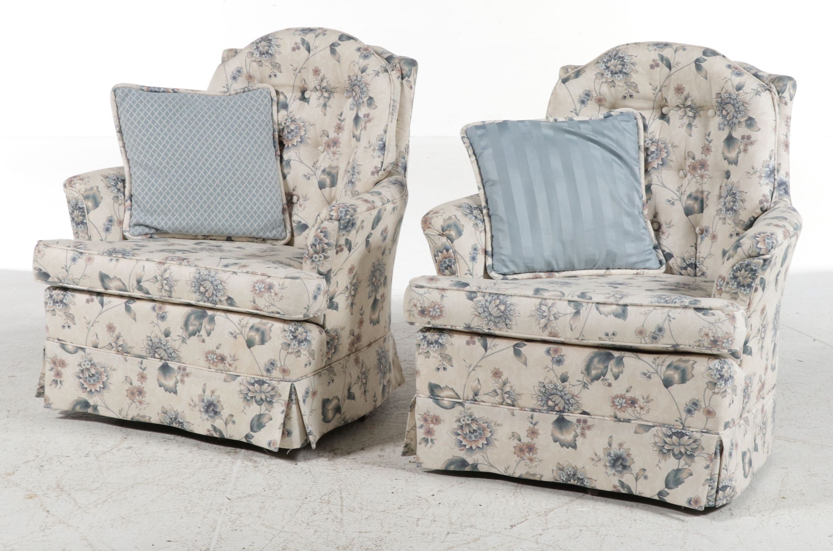 Pair of Floral Upholstered Swivel Rocking Armchairs, Late 20th Century