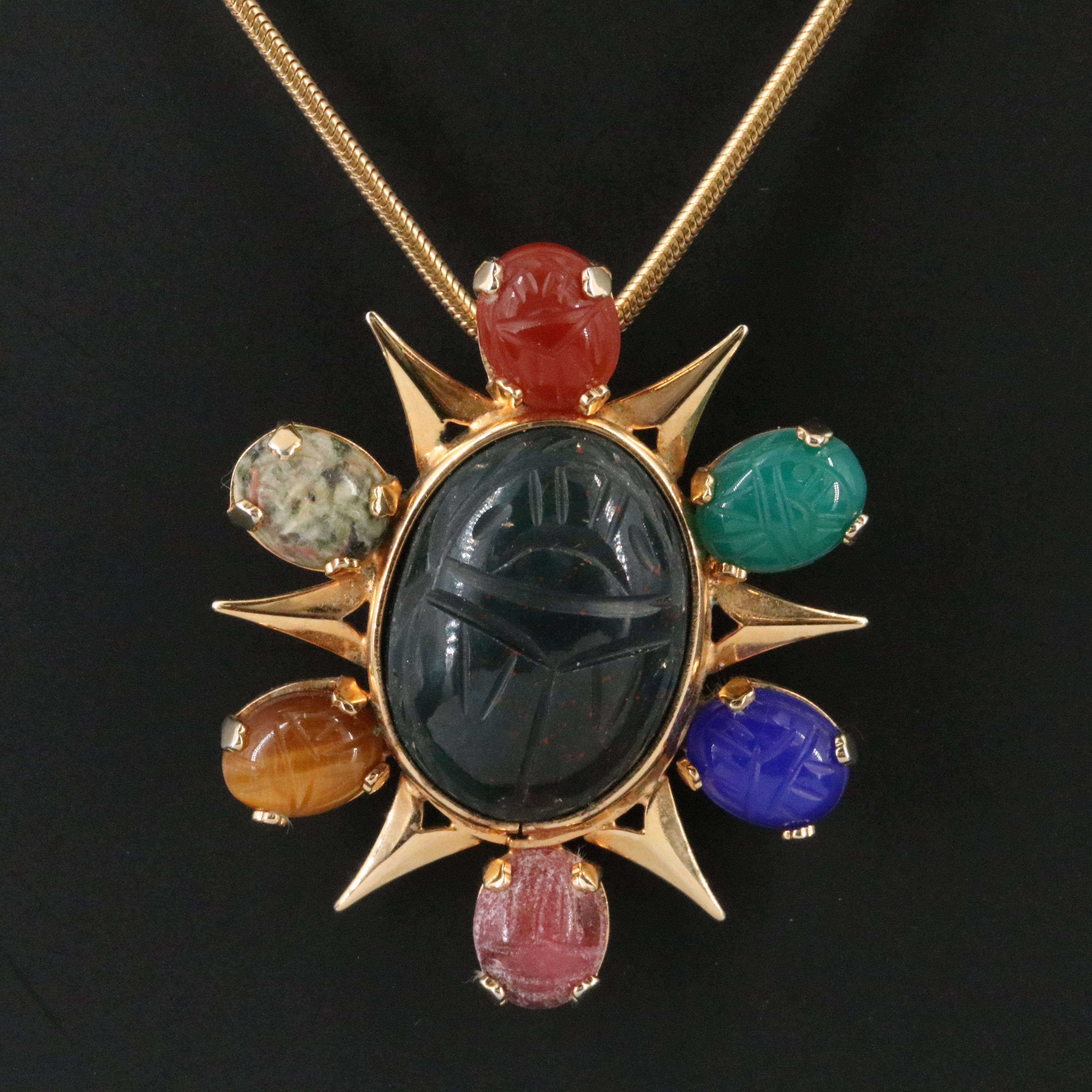 Burt Cassell Tiger's Eye, Bloodstone, Chalcedony Scarab Pendant Necklace