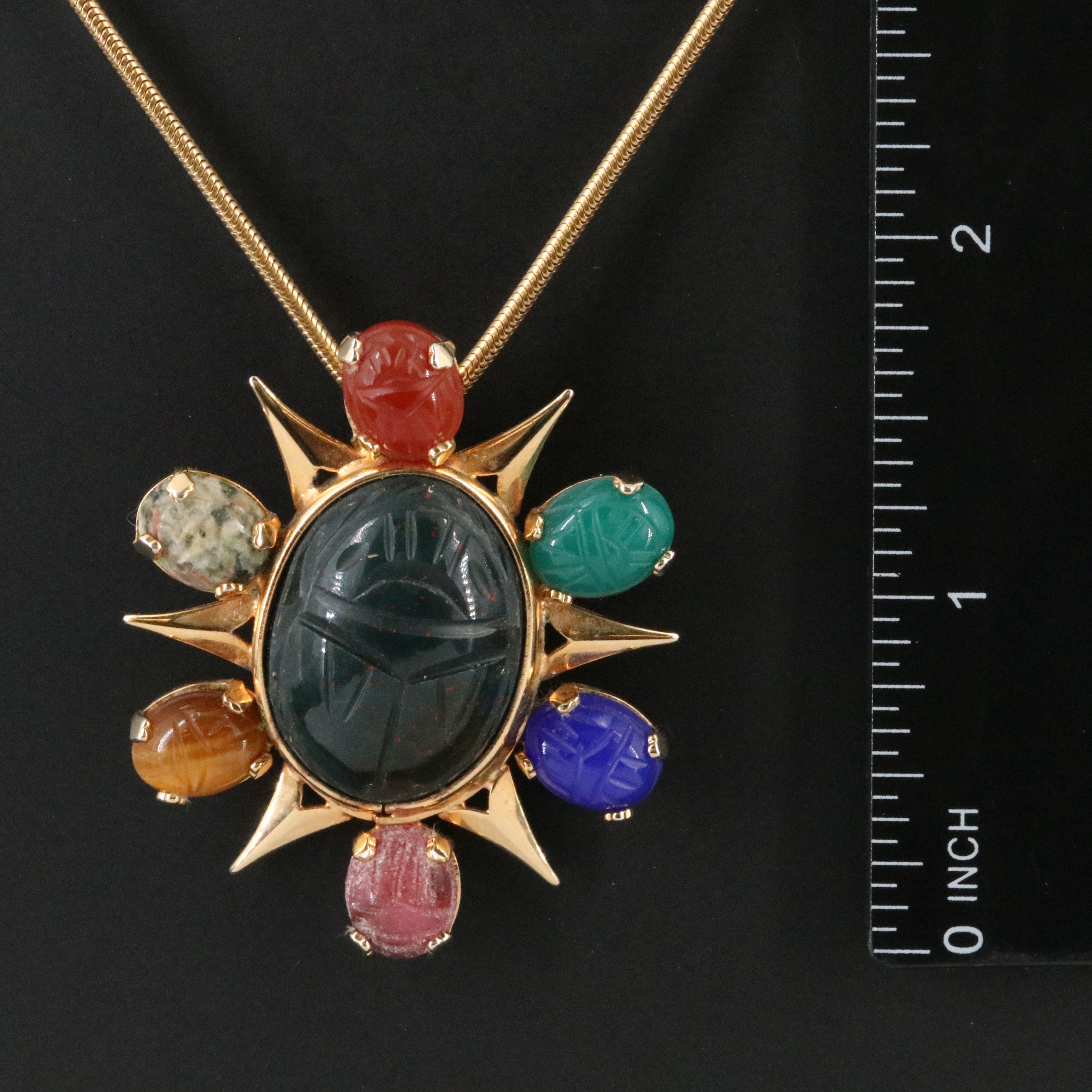 Burt Cassell Tiger's Eye, Bloodstone, Chalcedony Scarab Pendant Necklace