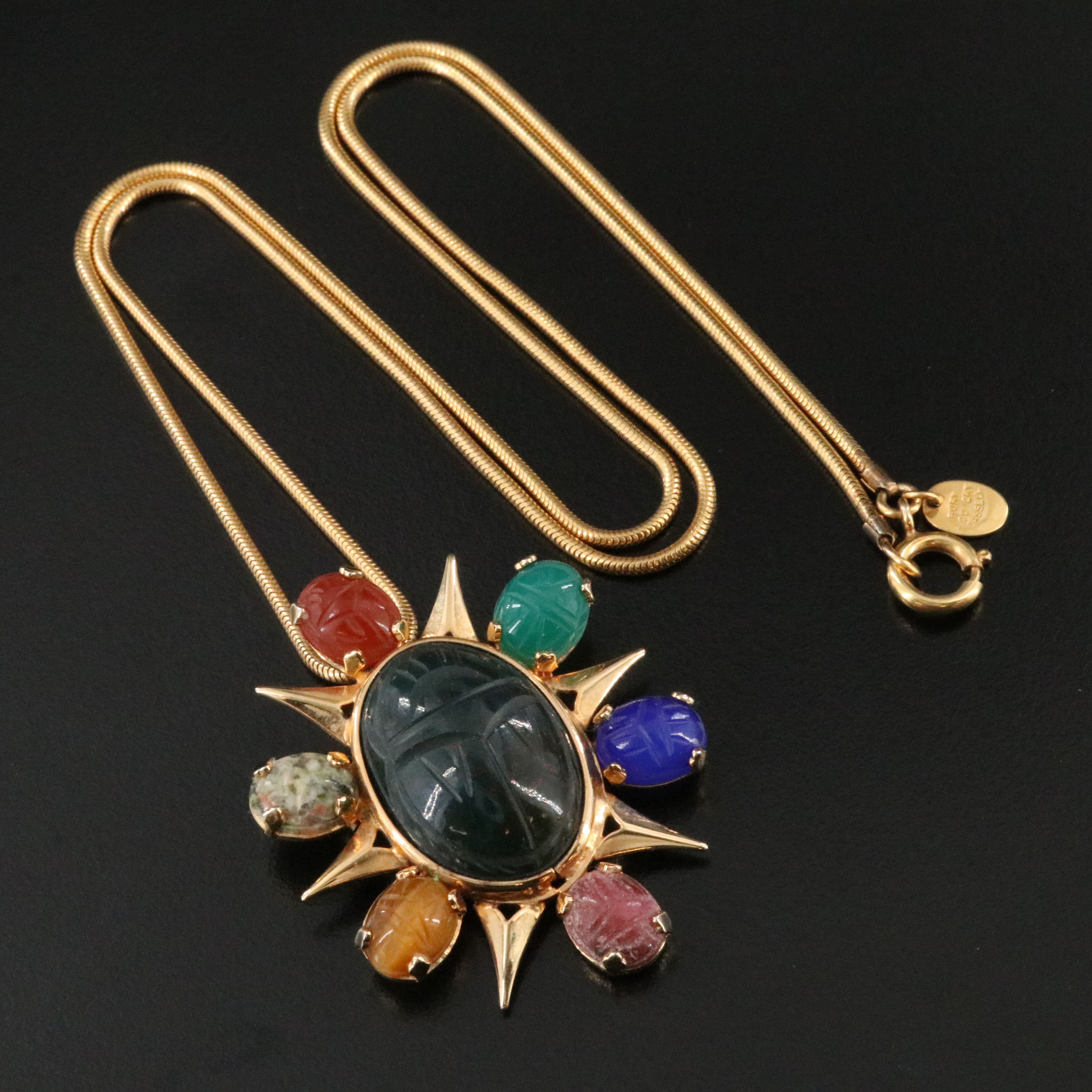 Burt Cassell Tiger's Eye, Bloodstone, Chalcedony Scarab Pendant Necklace