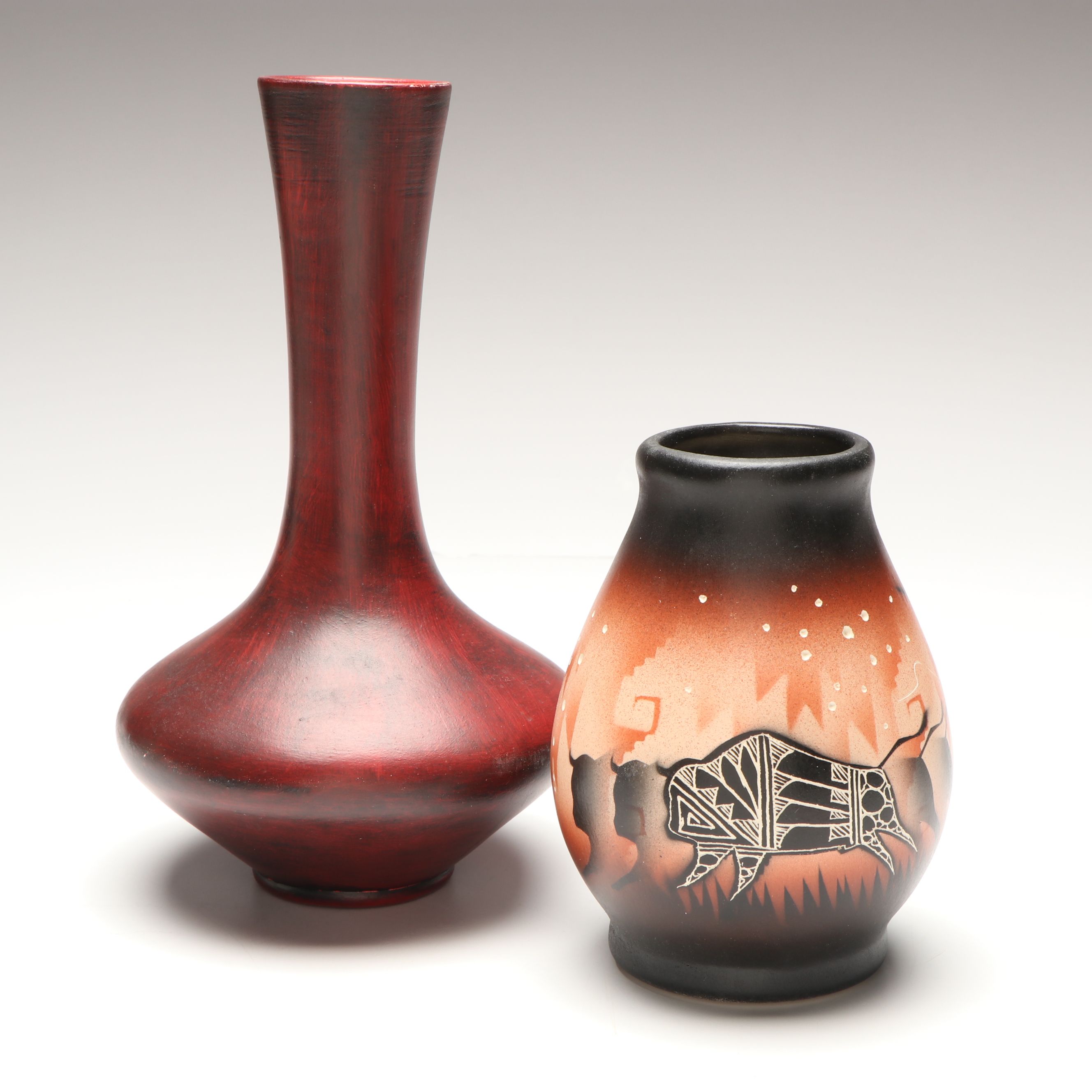 Signed John Dineh Buffalo Sgraffito Vessel and Other Art Pottery Vase