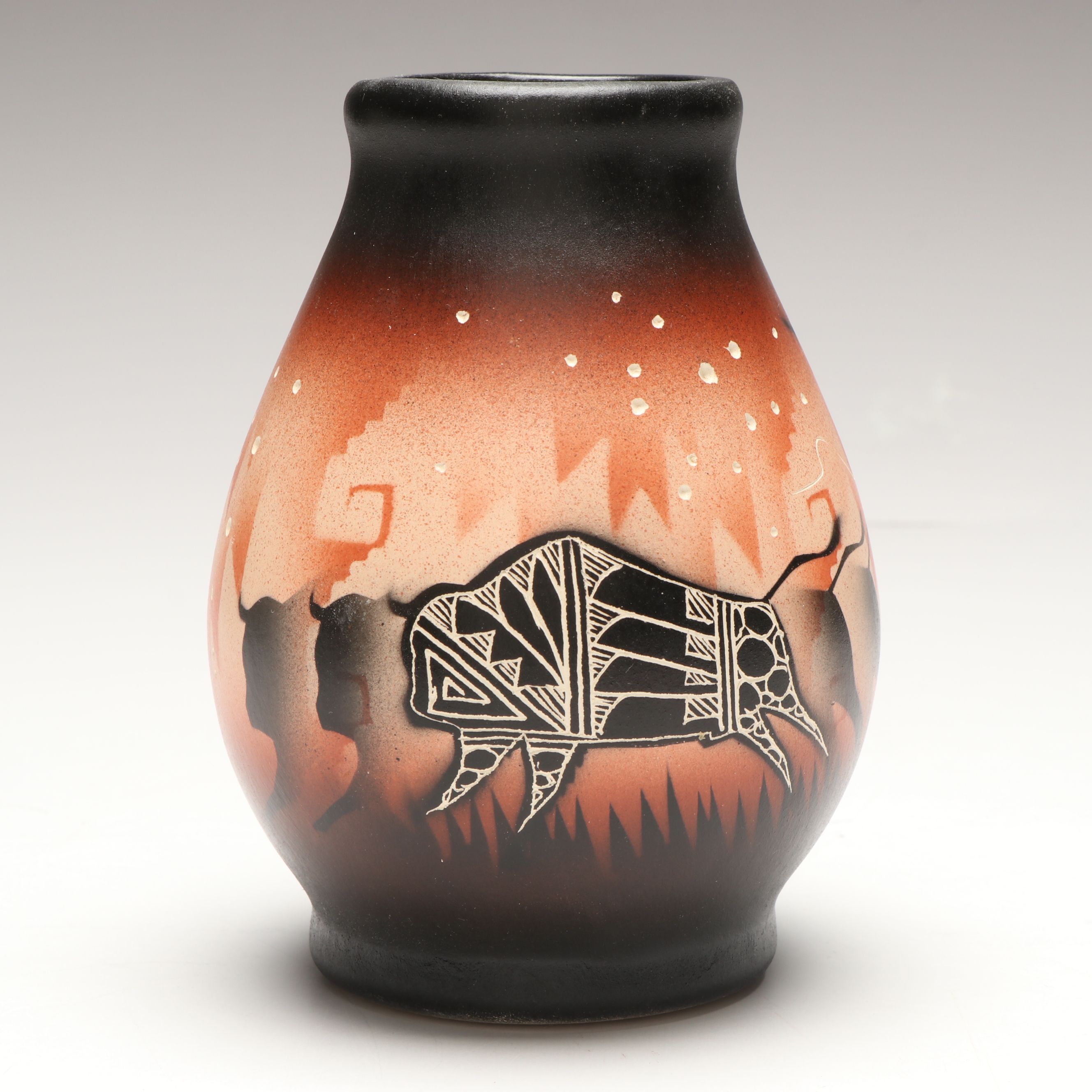Signed John Dineh Buffalo Sgraffito Vessel and Other Art Pottery Vase