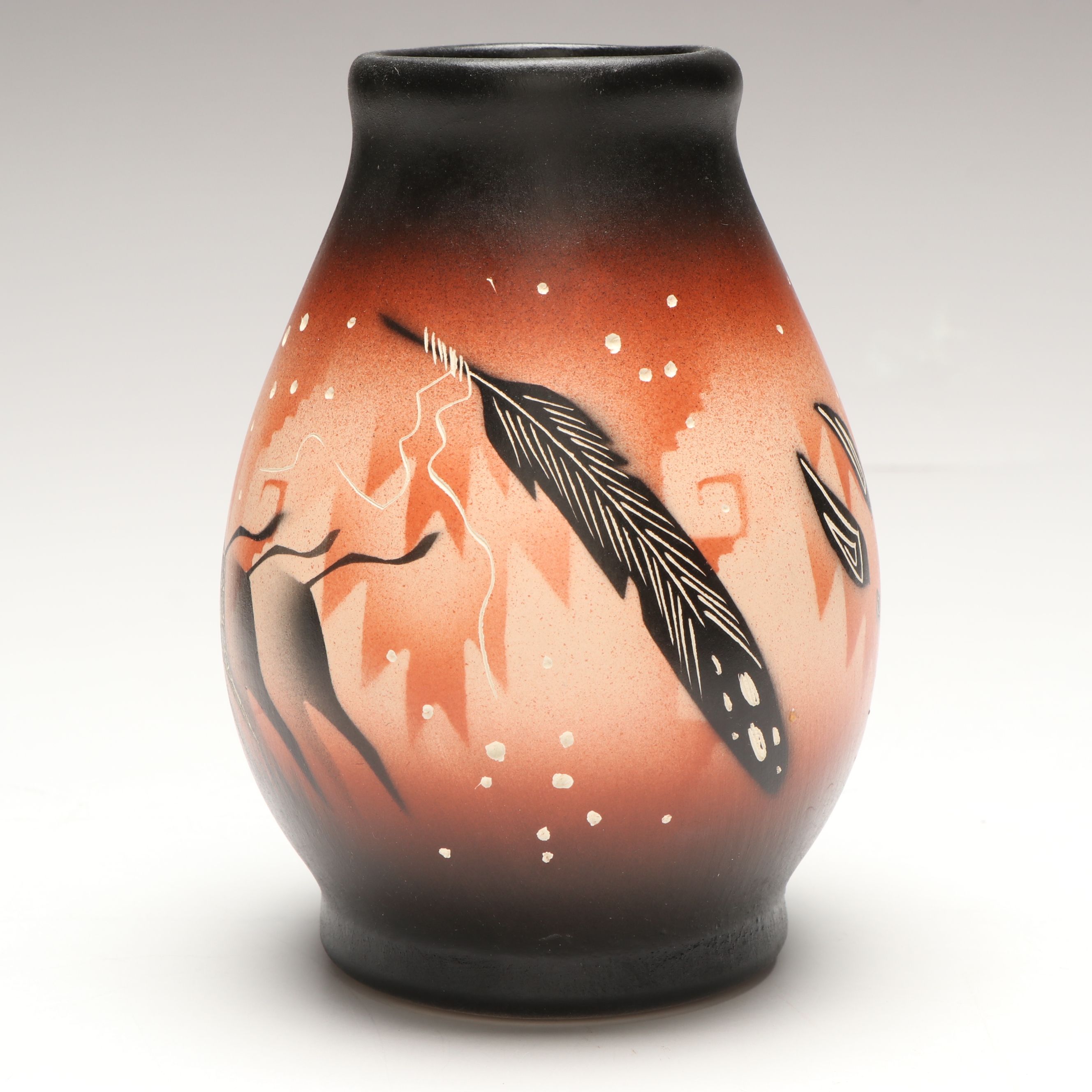 Signed John Dineh Buffalo Sgraffito Vessel and Other Art Pottery Vase